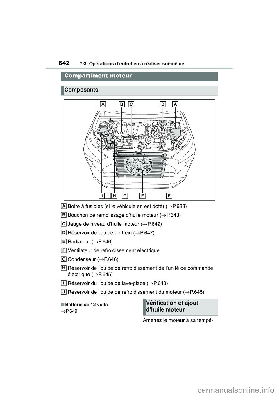 TOYOTA RAV4 HYBRID 2019  Manuel du propriétaire (in French) 6427-3. Opérations d’entretien à réaliser soi-même
Boîte à fusibles (si le véhicule en est doté) (P.683)
Bouchon de remplissage d’huile moteur ( P.643)
Jauge de niveau d’huile mote