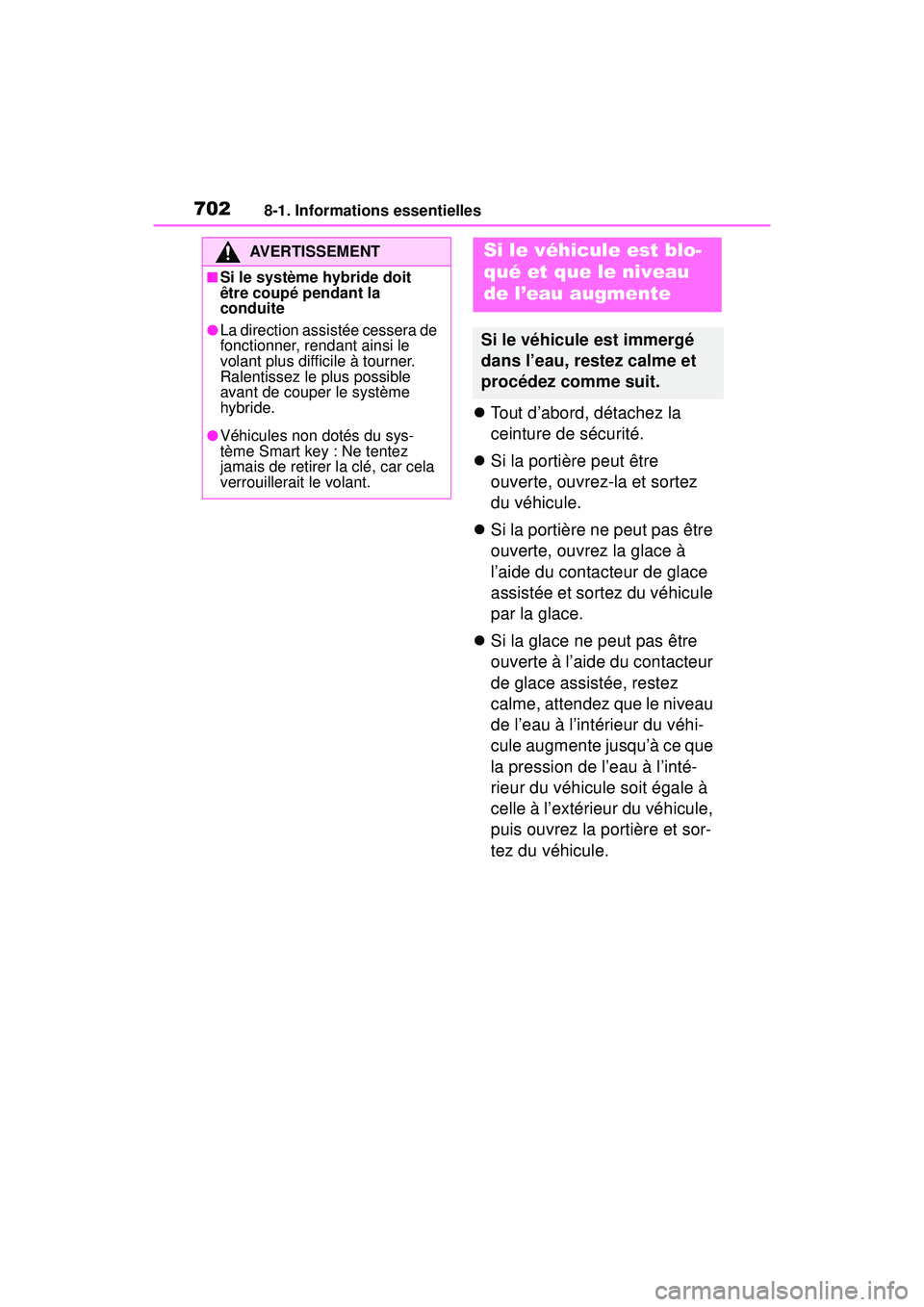 TOYOTA RAV4 HYBRID 2019 Manuel du propriétaire (in French) 7028-1. Informations essentielles
Tout d’abord, détachez la
ceinture de sécurité.
Si la portière peut être
ouverte, ouvrez-la et sortez
du véhicule.
Si la portière ne peut pas TOYOTA RAV4 HYBRID 2019 Manuel du propriétaire (in French) 7028-1. Informations essentielles
Tout d’abord, détachez la
ceinture de sécurité.
Si la portière peut être
ouverte, ouvrez-la et sortez
du véhicule.
Si la portière ne peut pas