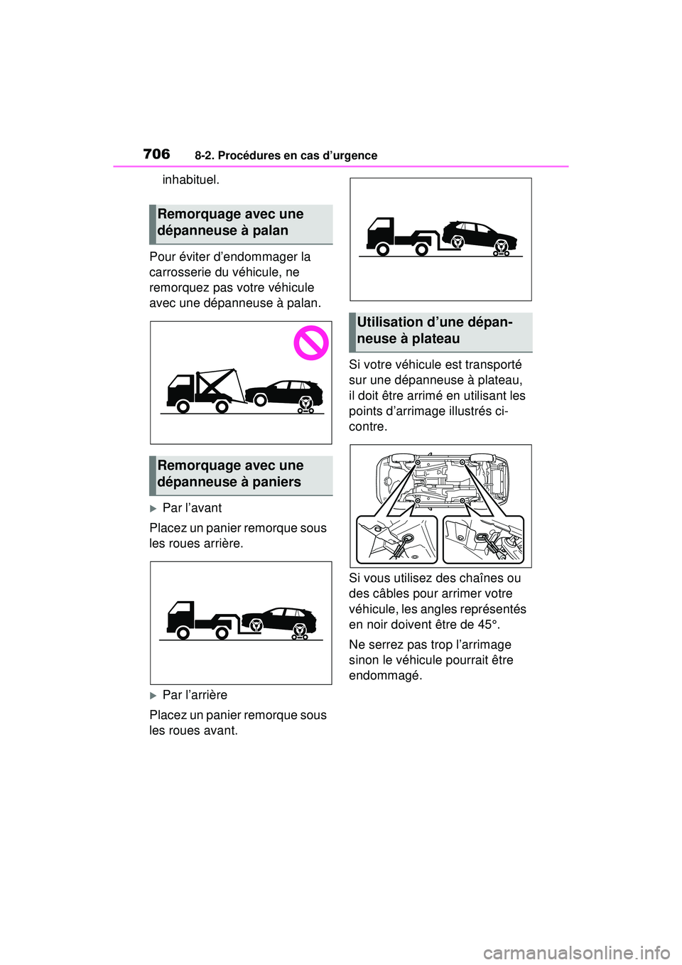 TOYOTA RAV4 HYBRID 2019 Manuel du propriétaire (in French) 7068-2. Procédures en cas d’urgence
inhabituel.
Pour éviter d’endommager la
carrosserie du véhicule, ne
remorquez pas votre véhicule
avec une dépanneuse à palan.
Par l’avant
Placez u TOYOTA RAV4 HYBRID 2019 Manuel du propriétaire (in French) 7068-2. Procédures en cas d’urgence
inhabituel.
Pour éviter d’endommager la
carrosserie du véhicule, ne
remorquez pas votre véhicule
avec une dépanneuse à palan.
Par l’avant
Placez u