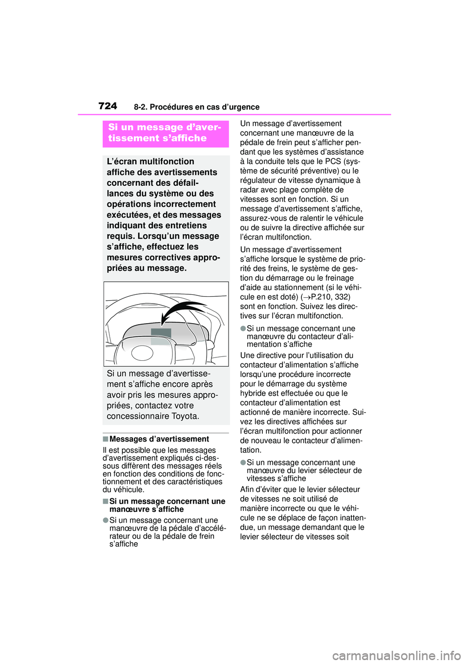 TOYOTA RAV4 HYBRID 2019  Manuel du propriétaire (in French) 7248-2. Procédures en cas d’urgence
■Messages d’avertissement
Il est possible que les messages 
d’avertissement expliqués ci-des-
sous diffèrent des messages réels 
en fonction des conditi