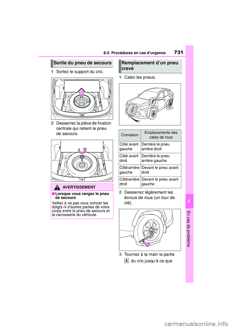 TOYOTA RAV4 HYBRID 2019 Manuel du propriétaire (in French) 7318-2. Procédures en cas d’urgence
8
En cas de problème
1Sortez le support du cric.
2 Desserrez la pièce de fixation
centrale qui retient le pneu
de secours. 1
Calez les pneus.
2 Desserrez lé TOYOTA RAV4 HYBRID 2019 Manuel du propriétaire (in French) 7318-2. Procédures en cas d’urgence
8
En cas de problème
1Sortez le support du cric.
2 Desserrez la pièce de fixation
centrale qui retient le pneu
de secours. 1
Calez les pneus.
2 Desserrez lé