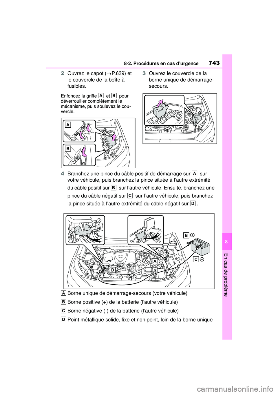 TOYOTA RAV4 HYBRID 2019 Manuel du propriétaire (in French) 7438-2. Procédures en cas d’urgence
8
En cas de problème
2Ouvrez le capot ( P.639) et
le couvercle de la boîte à
fusibles.
Enfoncez la griffe et pour
déverrouiller complètement le
m TOYOTA RAV4 HYBRID 2019 Manuel du propriétaire (in French) 7438-2. Procédures en cas d’urgence
8
En cas de problème
2Ouvrez le capot ( P.639) et
le couvercle de la boîte à
fusibles.
Enfoncez la griffe et pour
déverrouiller complètement le
m