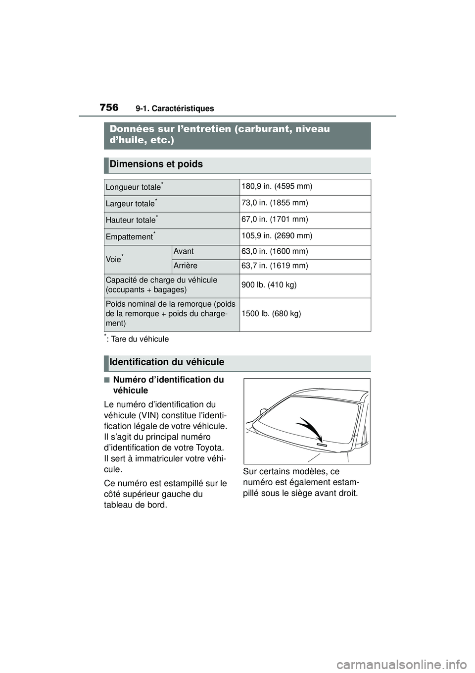 TOYOTA RAV4 HYBRID 2019  Manuel du propriétaire (in French) 7569-1. Caractéristiques
9-1.Caractéristiques
*: Tare du véhicule
■Numéro d’identification du 
véhicule
Le numéro d’identification du 
véhicule (VIN) constitue l’identi-
fication légal