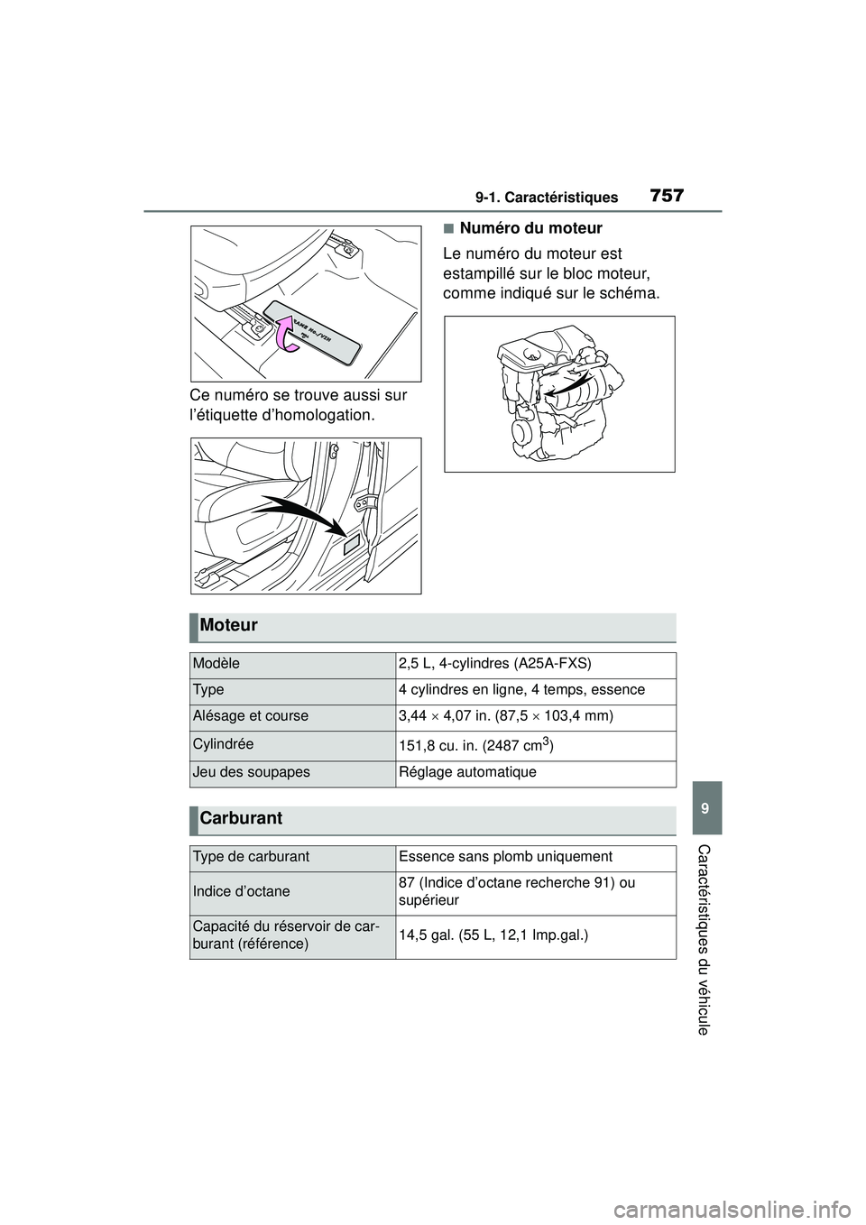TOYOTA RAV4 HYBRID 2019  Manuel du propriétaire (in French) 7579-1. Caractéristiques
9
Caractéristiques du véhicule
Ce numéro se trouve aussi sur 
l’étiquette d’homologation.
■Numéro du moteur
Le numéro du moteur est 
estampillé sur le bloc moteu