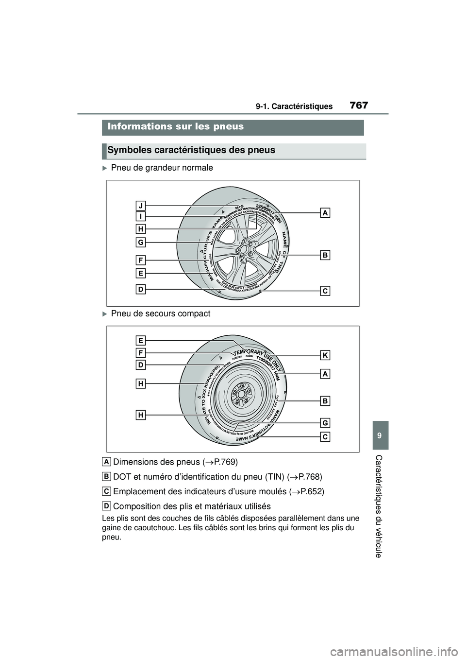 TOYOTA RAV4 HYBRID 2019  Manuel du propriétaire (in French) 7679-1. Caractéristiques
9
Caractéristiques du véhicule
Pneu de grandeur normale
Pneu de secours compactDimensions des pneus ( P.769)
DOT et numéro d’identification du pneu (TIN) ( P