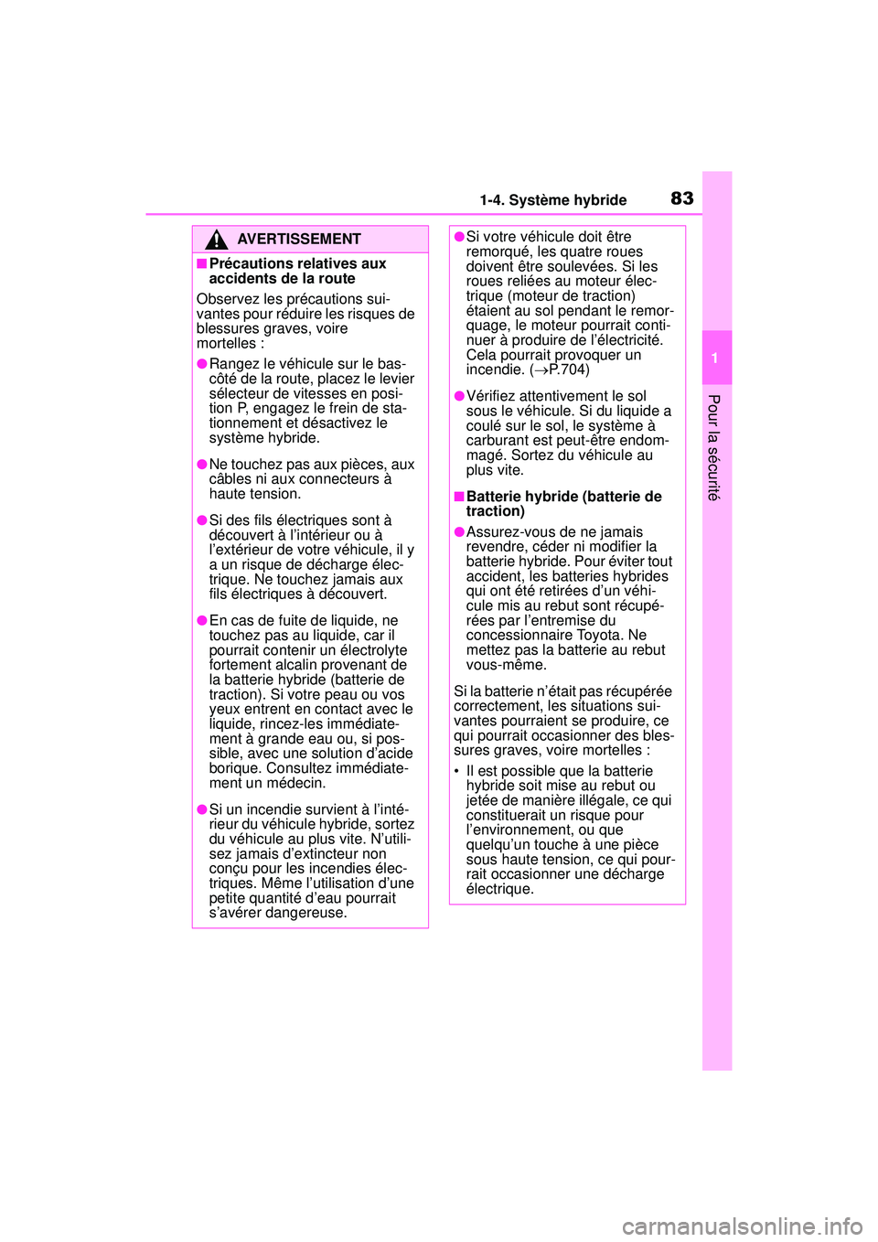 TOYOTA RAV4 HYBRID 2019  Manuel du propriétaire (in French) 831-4. Système hybride
1
Pour la sécurité
AVERTISSEMENT
■Précautions relatives aux 
accidents de la route
Observez les précautions sui-
vantes pour réduire les risques de 
blessures graves, vo