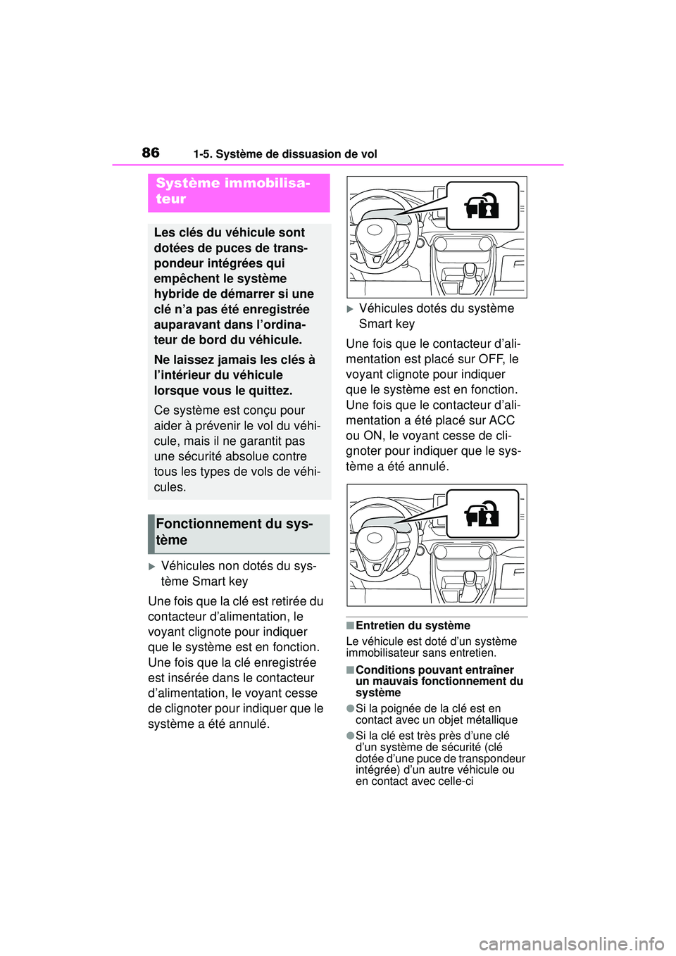 TOYOTA RAV4 HYBRID 2019  Manuel du propriétaire (in French) 861-5. Système de dissuasion de vol
1-5.Système de  dissuasion de vol
Véhicules non dotés du sys-
tème Smart key
Une fois que la clé est retirée du 
contacteur d’alimentation, le 
voyant c