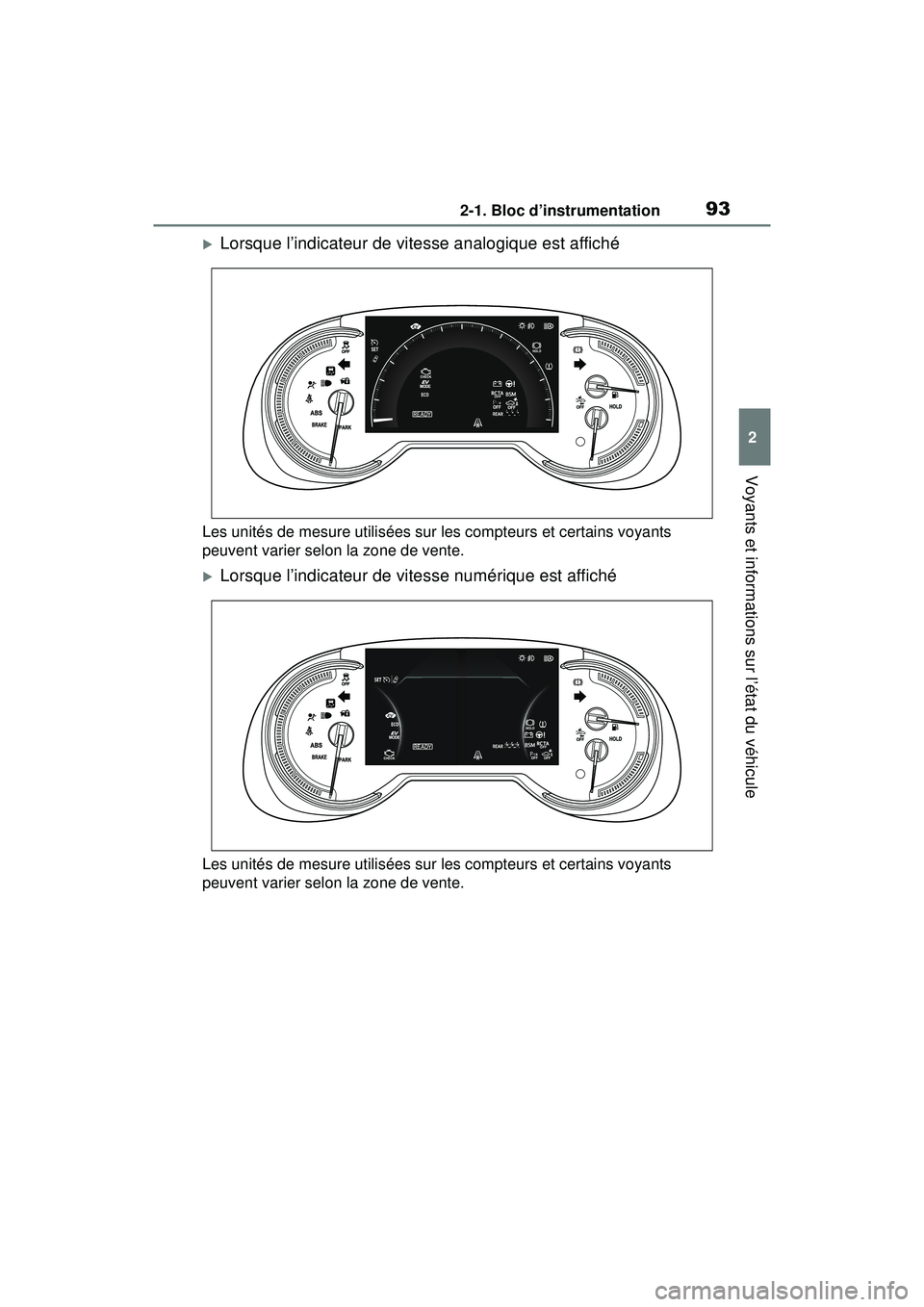 TOYOTA RAV4 HYBRID 2019  Manuel du propriétaire (in French) 932-1. Bloc d’instrumentation
2
Voyants et informations sur l’état du véhicule
Lorsque l’indicateur de vitesse analogique est affiché
Les unités de mesure utilisées sur les compteurs et 