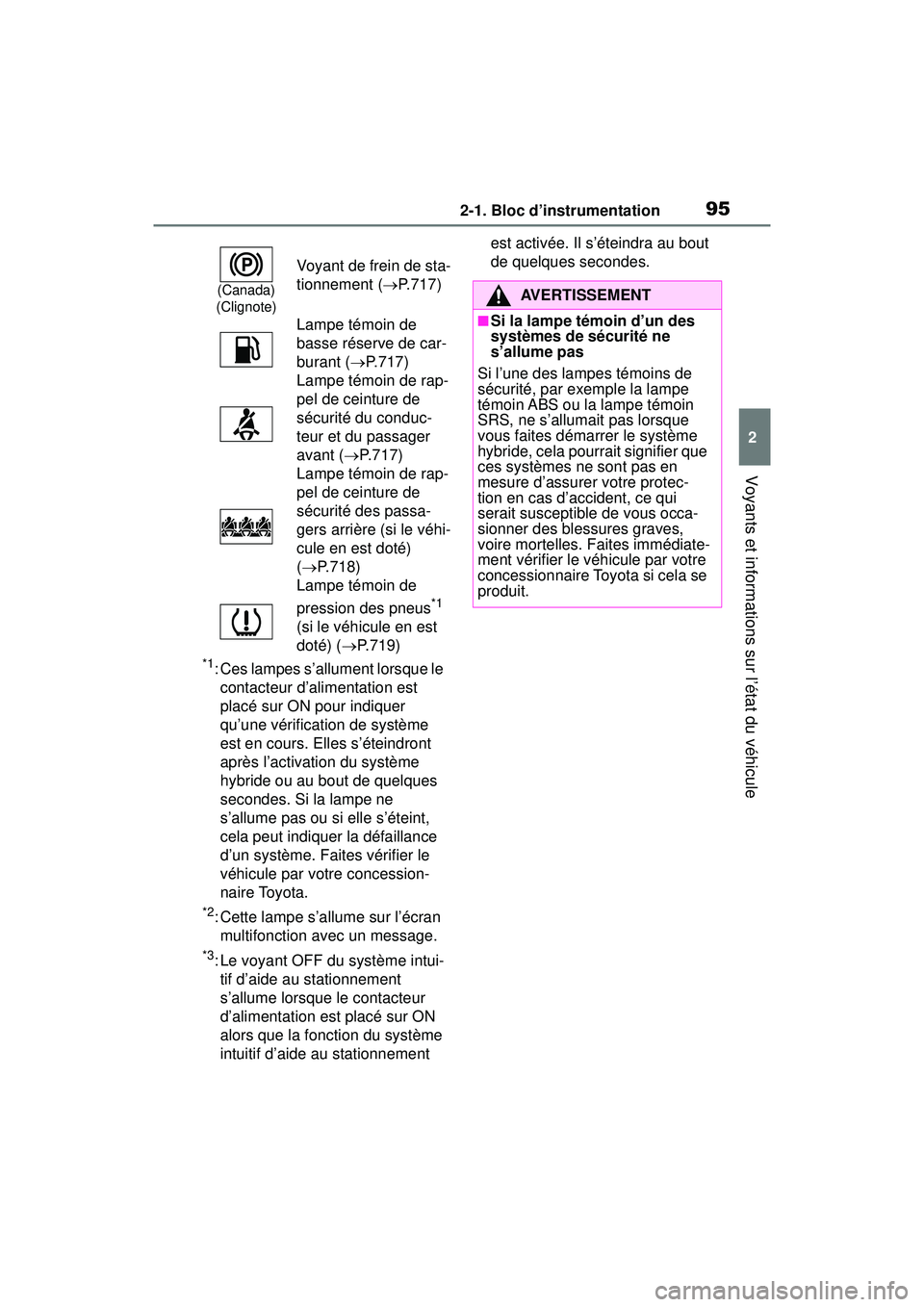 TOYOTA RAV4 HYBRID 2019  Manuel du propriétaire (in French) 952-1. Bloc d’instrumentation
2
Voyants et informations sur l’état du véhicule
*1: Ces lampes s’allument lorsque le contacteur d’alimentation est 
placé sur ON pour indiquer 
qu’une véri