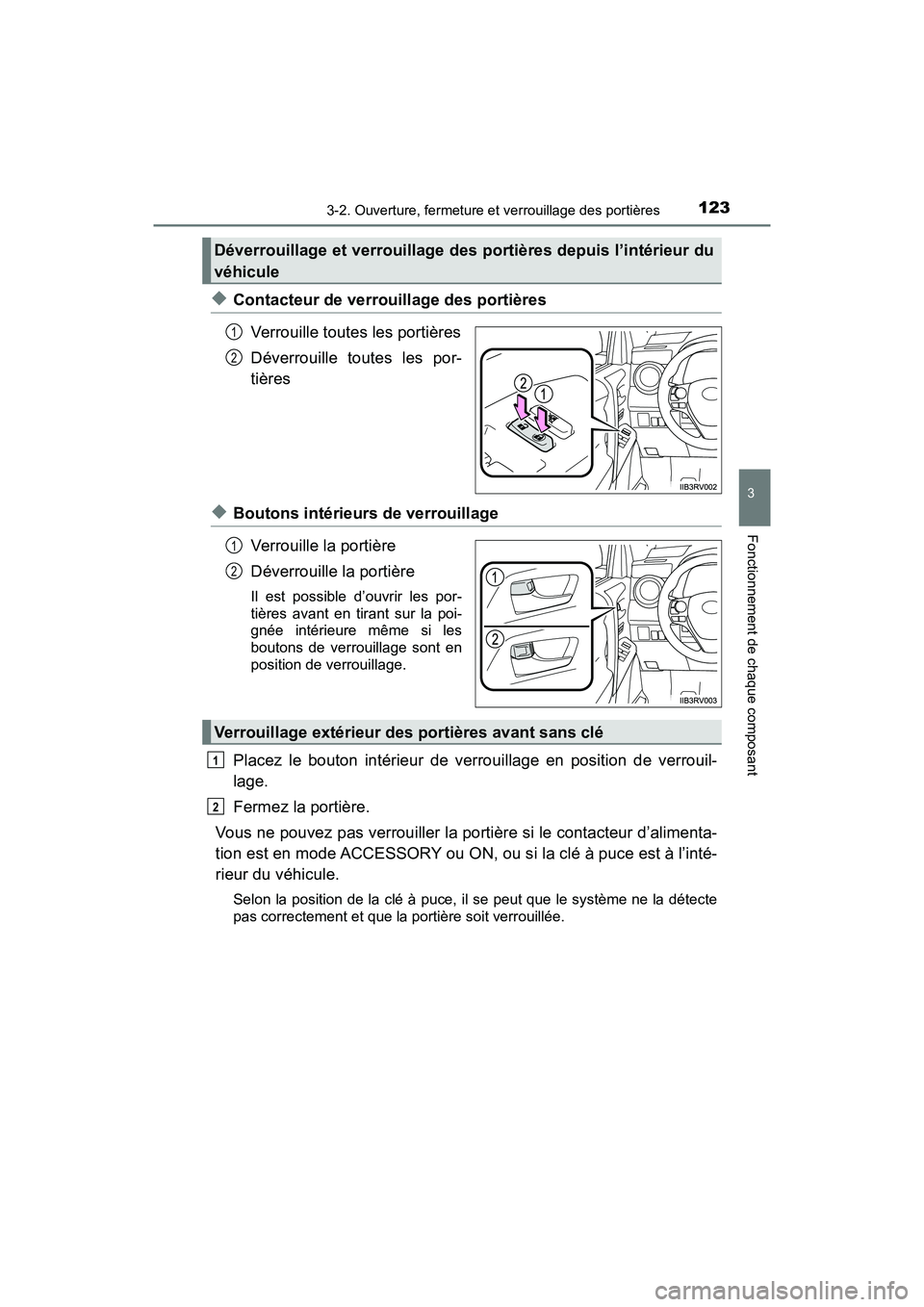 TOYOTA RAV4 HYBRID 2018 Manuel du propriétaire (in French) RAV4-HV_OM_OM42B81D_(D)
1233-2. Ouverture, fermeture et verrouillage des portières
3
Fonctionnement de chaque composant
◆Contacteur de verrouillage des portièresVerrouille toutes les portières
D TOYOTA RAV4 HYBRID 2018 Manuel du propriétaire (in French) RAV4-HV_OM_OM42B81D_(D)
1233-2. Ouverture, fermeture et verrouillage des portières
3
Fonctionnement de chaque composant
◆Contacteur de verrouillage des portièresVerrouille toutes les portières
D