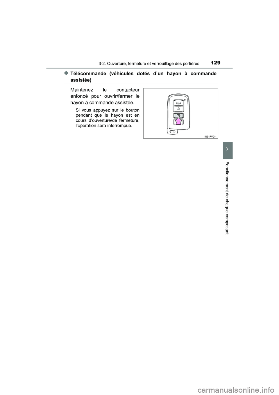 TOYOTA RAV4 HYBRID 2018 Manuel du propriétaire (in French) RAV4-HV_OM_OM42B81D_(D)
1293-2. Ouverture, fermeture et verrouillage des portières
3
Fonctionnement de chaque composant
◆Télécommande (véhicules dotés d’un hayon à commande
assistée)
Mainte TOYOTA RAV4 HYBRID 2018 Manuel du propriétaire (in French) RAV4-HV_OM_OM42B81D_(D)
1293-2. Ouverture, fermeture et verrouillage des portières
3
Fonctionnement de chaque composant
◆Télécommande (véhicules dotés d’un hayon à commande
assistée)
Mainte
