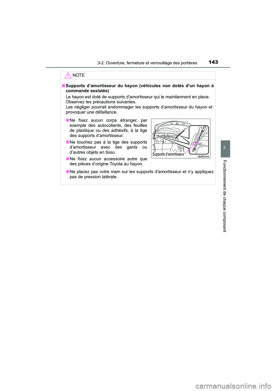 TOYOTA RAV4 HYBRID 2018 Manuel du propriétaire (in French) RAV4-HV_OM_OM42B81D_(D)
1433-2. Ouverture, fermeture et verrouillage des portières
3
Fonctionnement de chaque composant
NOTE
■Supports d’amortisseur du hayon (véhicules non dotés d’un hayon TOYOTA RAV4 HYBRID 2018 Manuel du propriétaire (in French) RAV4-HV_OM_OM42B81D_(D)
1433-2. Ouverture, fermeture et verrouillage des portières
3
Fonctionnement de chaque composant
NOTE
■Supports d’amortisseur du hayon (véhicules non dotés d’un hayon