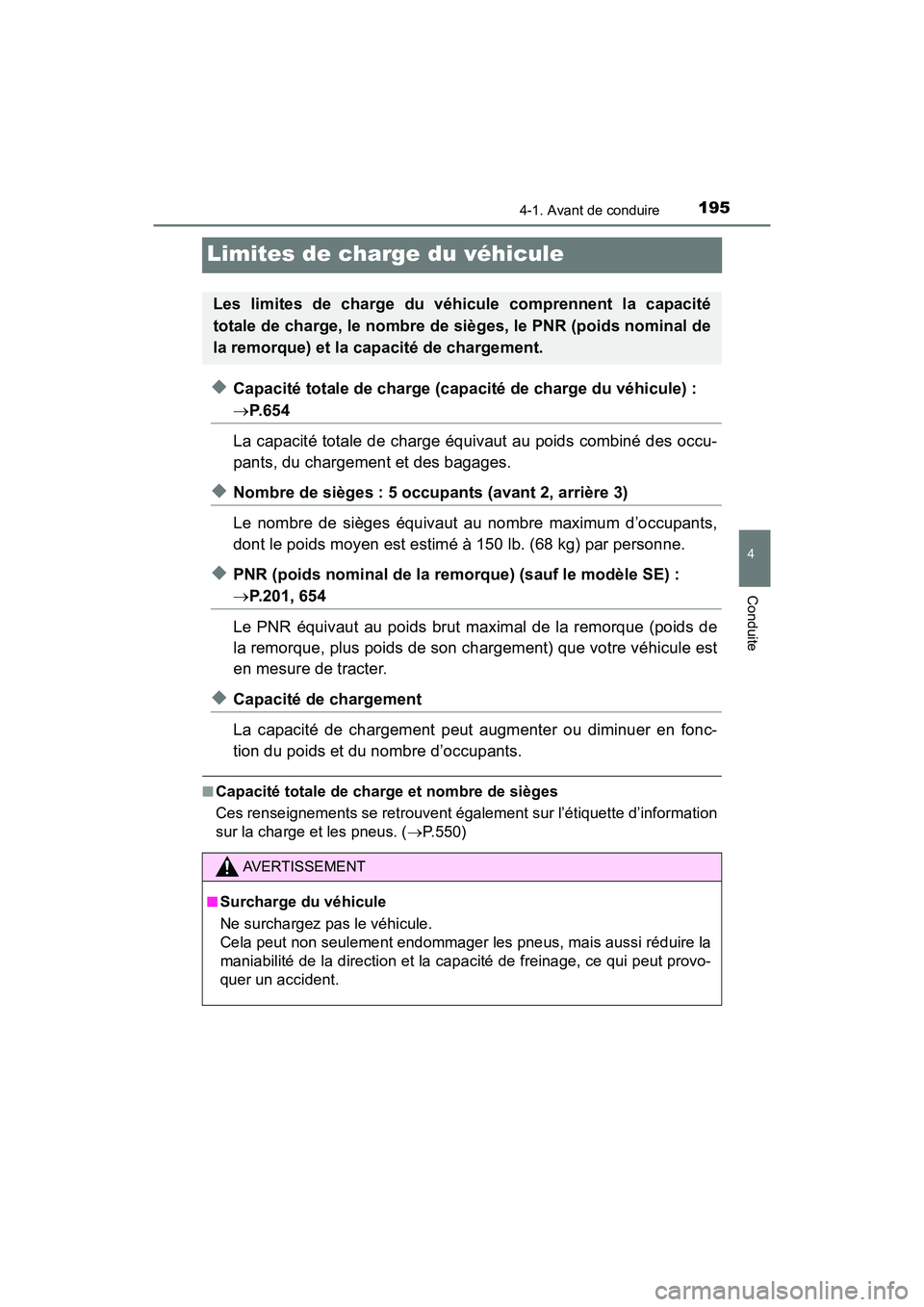 TOYOTA RAV4 HYBRID 2018 Manuel du propriétaire (in French) 195
RAV4-HV_OM_OM42B81D_(D)
4-1. Avant de conduire
4
Conduite
Limites de charge du véhicule
◆Capacité totale de charge (capacité de charge du véhicule) :
P. 6 5 4
La capacité totale de char TOYOTA RAV4 HYBRID 2018 Manuel du propriétaire (in French) 195
RAV4-HV_OM_OM42B81D_(D)
4-1. Avant de conduire
4
Conduite
Limites de charge du véhicule
◆Capacité totale de charge (capacité de charge du véhicule) :
P. 6 5 4
La capacité totale de char