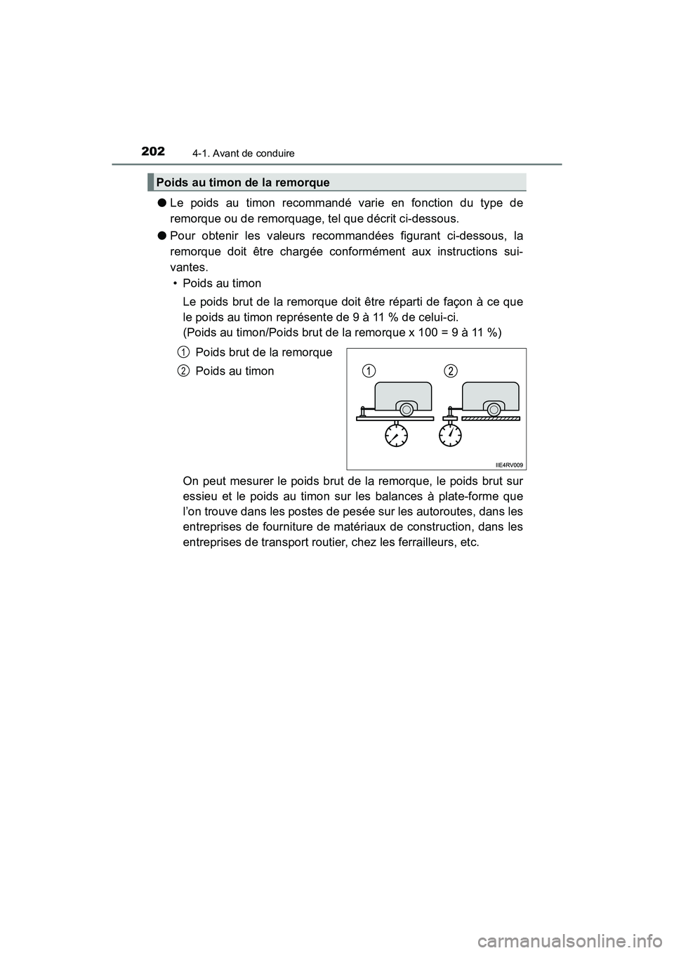 TOYOTA RAV4 HYBRID 2018 Manuel du propriétaire (in French) 202
RAV4-HV_OM_OM42B81D_(D)
4-1. Avant de conduire
●Le poids au timon recommandé varie en fonction du type de
remorque ou de remorquage, tel que décrit ci-dessous.
● Pour obtenir les valeurs rec TOYOTA RAV4 HYBRID 2018 Manuel du propriétaire (in French) 202
RAV4-HV_OM_OM42B81D_(D)
4-1. Avant de conduire
●Le poids au timon recommandé varie en fonction du type de
remorque ou de remorquage, tel que décrit ci-dessous.
● Pour obtenir les valeurs rec