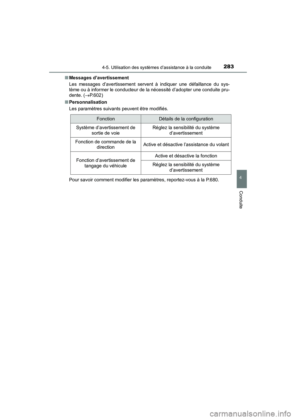 TOYOTA RAV4 HYBRID 2018 Manuel du propriétaire (in French) RAV4-HV_OM_OM42B81D_(D)
2834-5. Utilisation des systèmes d’assistance à la conduite
4
Conduite
■Messages d’avertissement
Les messages d’avertissement servent à indiquer une défaillance du TOYOTA RAV4 HYBRID 2018 Manuel du propriétaire (in French) RAV4-HV_OM_OM42B81D_(D)
2834-5. Utilisation des systèmes d’assistance à la conduite
4
Conduite
■Messages d’avertissement
Les messages d’avertissement servent à indiquer une défaillance du
