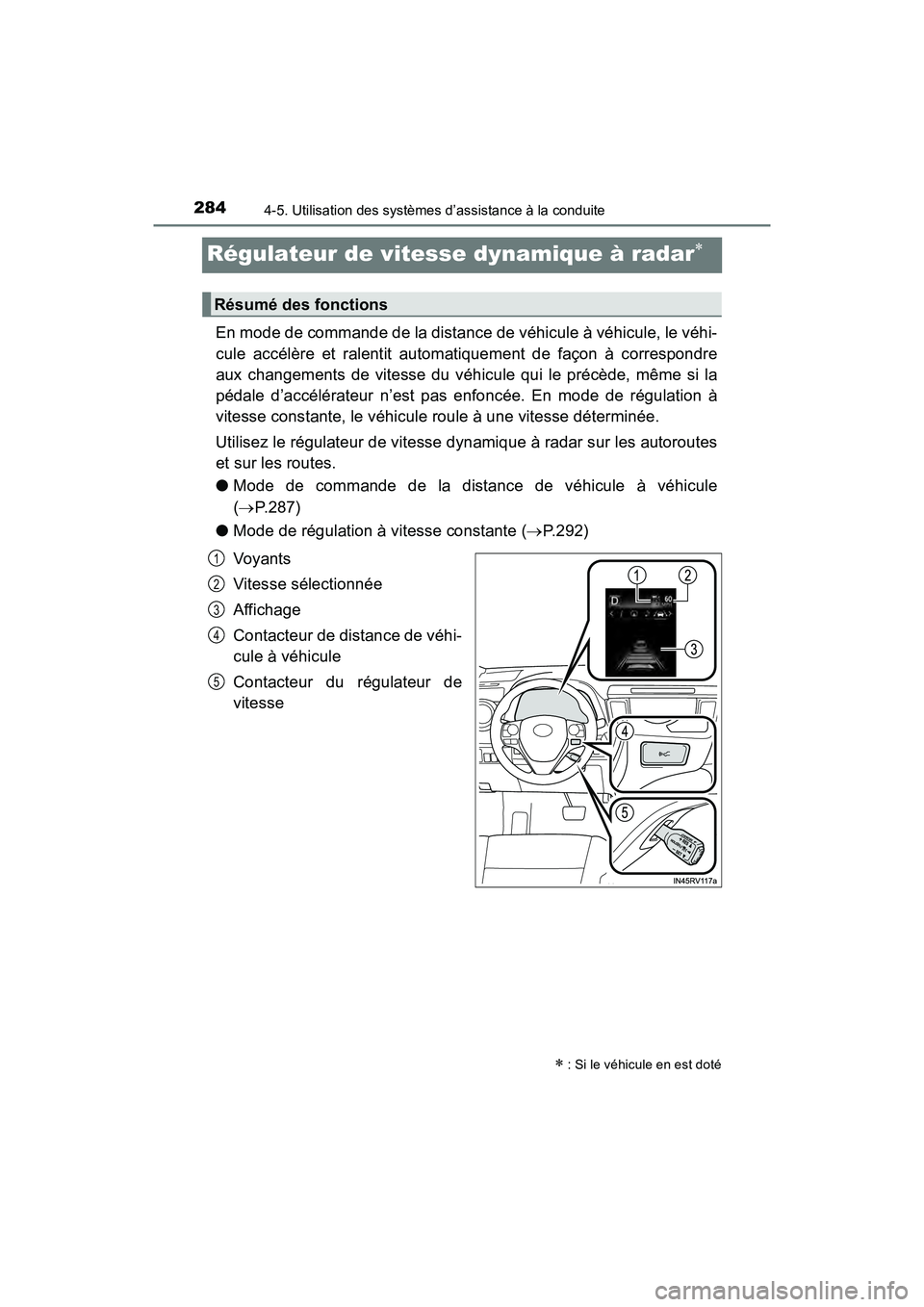 TOYOTA RAV4 HYBRID 2018 Manuel du propriétaire (in French) 284
RAV4-HV_OM_OM42B81D_(D)
4-5. Utilisation des systèmes d’assistance à la conduite
Régulateur de vitesse dynamique à radar
En mode de commande de la distance de véhicule à véhicule, l TOYOTA RAV4 HYBRID 2018 Manuel du propriétaire (in French) 284
RAV4-HV_OM_OM42B81D_(D)
4-5. Utilisation des systèmes d’assistance à la conduite
Régulateur de vitesse dynamique à radar
En mode de commande de la distance de véhicule à véhicule, l