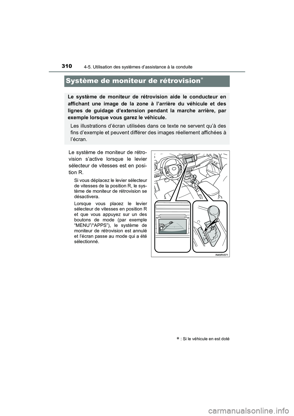 TOYOTA RAV4 HYBRID 2018 Manuel du propriétaire (in French) 310
RAV4-HV_OM_OM42B81D_(D)
4-5. Utilisation des systèmes d’assistance à la conduite
Système de moniteur de rétrovision
Le système de moniteur de rétro-
vision s’active lorsque le levier
TOYOTA RAV4 HYBRID 2018 Manuel du propriétaire (in French) 310
RAV4-HV_OM_OM42B81D_(D)
4-5. Utilisation des systèmes d’assistance à la conduite
Système de moniteur de rétrovision
Le système de moniteur de rétro-
vision s’active lorsque le levier