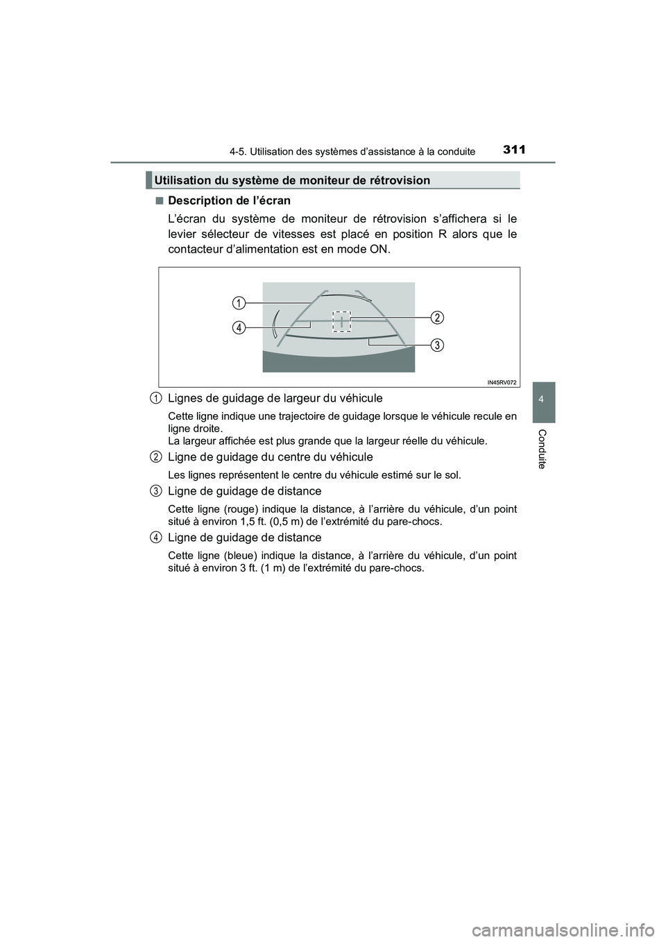 TOYOTA RAV4 HYBRID 2018 Manuel du propriétaire (in French) RAV4-HV_OM_OM42B81D_(D)
3114-5. Utilisation des systèmes d’assistance à la conduite
4
Conduite
■Description de l’écran
L’écran du système de moniteur de rétrovision s’affichera si le
l TOYOTA RAV4 HYBRID 2018 Manuel du propriétaire (in French) RAV4-HV_OM_OM42B81D_(D)
3114-5. Utilisation des systèmes d’assistance à la conduite
4
Conduite
■Description de l’écran
L’écran du système de moniteur de rétrovision s’affichera si le
l