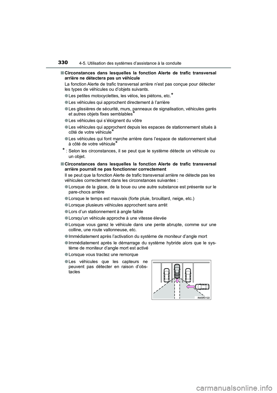 TOYOTA RAV4 HYBRID 2018 Manuel du propriétaire (in French) 330
RAV4-HV_OM_OM42B81D_(D)
4-5. Utilisation des systèmes d’assistance à la conduite
■Circonstances dans lesquelles la fonction Alerte de trafic transversal
arrière ne détectera pas un véhicu TOYOTA RAV4 HYBRID 2018 Manuel du propriétaire (in French) 330
RAV4-HV_OM_OM42B81D_(D)
4-5. Utilisation des systèmes d’assistance à la conduite
■Circonstances dans lesquelles la fonction Alerte de trafic transversal
arrière ne détectera pas un véhicu