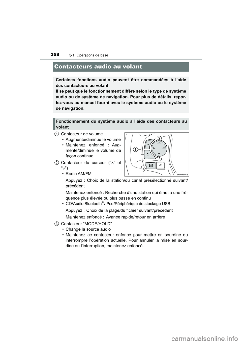 TOYOTA RAV4 HYBRID 2018 Manuel du propriétaire (in French) 358
RAV4-HV_OM_OM42B81D_(D)
5-1. Opérations de base
Contacteurs audio au volant
Contacteur de volume• Augmente/diminue le volume
• Maintenez enfoncé : Aug- mente/diminue le volume de
façon cont TOYOTA RAV4 HYBRID 2018 Manuel du propriétaire (in French) 358
RAV4-HV_OM_OM42B81D_(D)
5-1. Opérations de base
Contacteurs audio au volant
Contacteur de volume• Augmente/diminue le volume
• Maintenez enfoncé : Aug- mente/diminue le volume de
façon cont