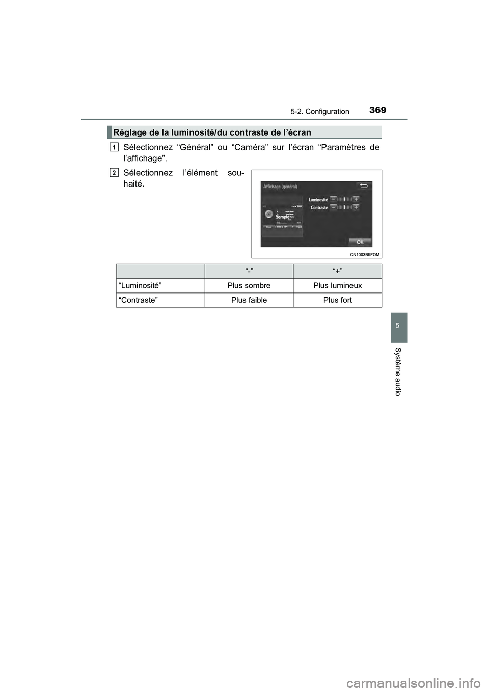 TOYOTA RAV4 HYBRID 2018 Manuel du propriétaire (in French) RAV4-HV_OM_OM42B81D_(D)
3695-2. Configuration
5
Système audio
Sélectionnez “Général” ou “Caméra” sur l’écran “Paramètres de
l’affichage”.
Sélectionnez l’élément sou-
haité TOYOTA RAV4 HYBRID 2018 Manuel du propriétaire (in French) RAV4-HV_OM_OM42B81D_(D)
3695-2. Configuration
5
Système audio
Sélectionnez “Général” ou “Caméra” sur l’écran “Paramètres de
l’affichage”.
Sélectionnez l’élément sou-
haité