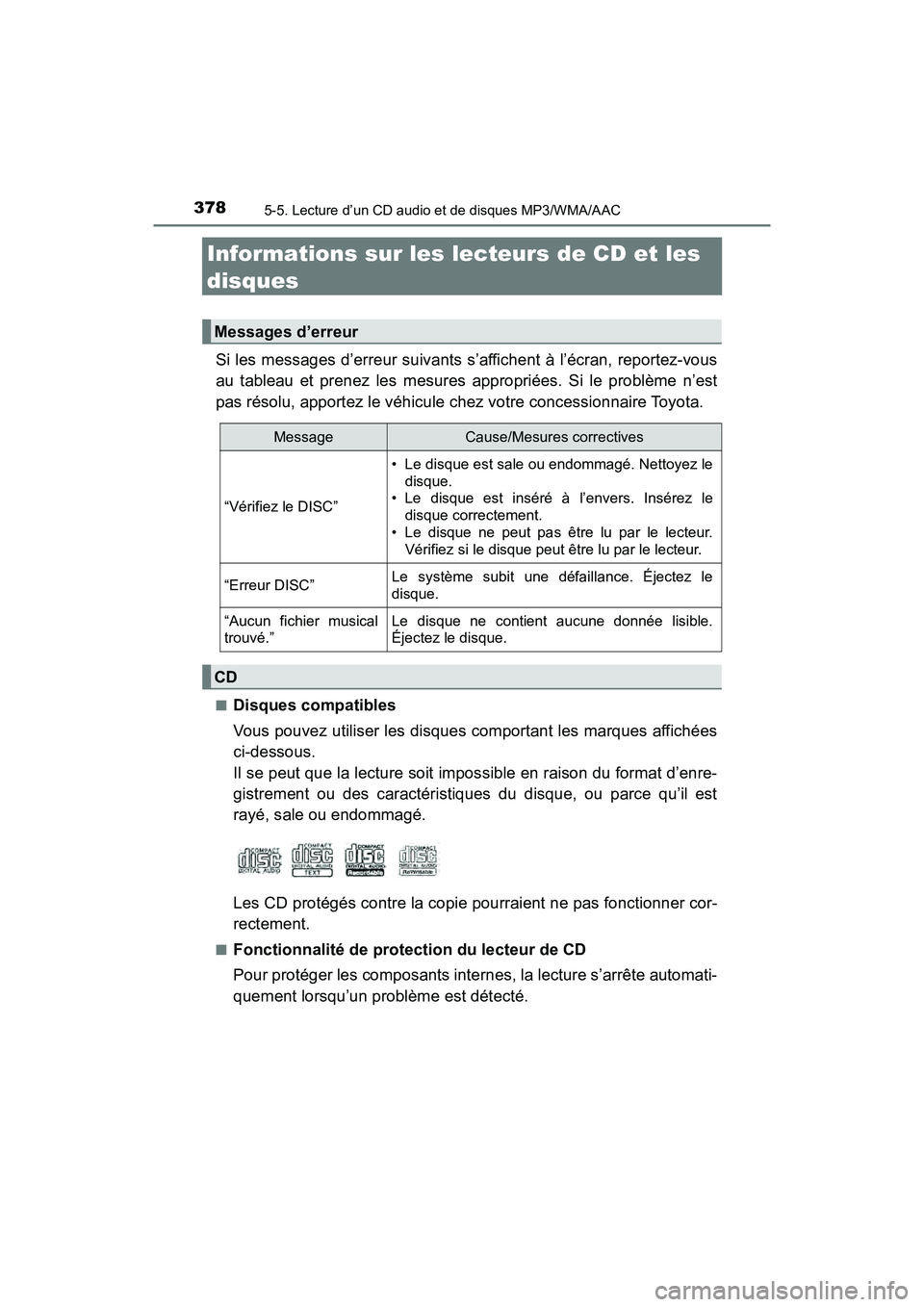 TOYOTA RAV4 HYBRID 2018 Manuel du propriétaire (in French) 378
RAV4-HV_OM_OM42B81D_(D)
5-5. Lecture d’un CD audio et de disques MP3/WMA/AAC
Informations sur les lecteurs de CD et les
disques
Si les messages d’erreur suivants s’affichent à l’écran, TOYOTA RAV4 HYBRID 2018 Manuel du propriétaire (in French) 378
RAV4-HV_OM_OM42B81D_(D)
5-5. Lecture d’un CD audio et de disques MP3/WMA/AAC
Informations sur les lecteurs de CD et les
disques
Si les messages d’erreur suivants s’affichent à l’écran,