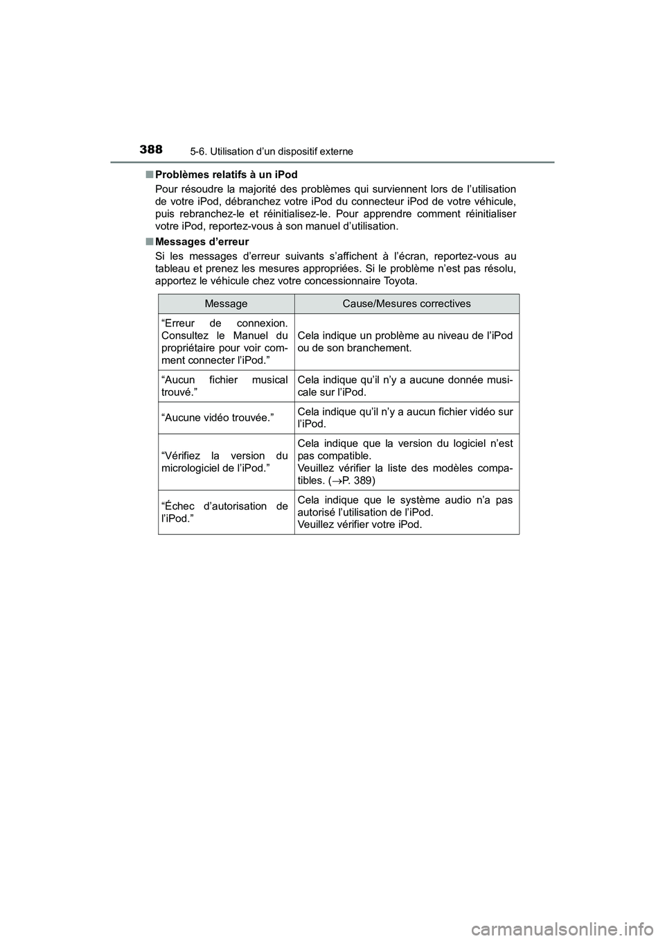 TOYOTA RAV4 HYBRID 2018 Manuel du propriétaire (in French) 388
RAV4-HV_OM_OM42B81D_(D)
5-6. Utilisation d’un dispositif externe
■Problèmes relatifs à un iPod
Pour résoudre la majorité des problèmes qui surviennent lors de l’utilisation
de votre iPo TOYOTA RAV4 HYBRID 2018 Manuel du propriétaire (in French) 388
RAV4-HV_OM_OM42B81D_(D)
5-6. Utilisation d’un dispositif externe
■Problèmes relatifs à un iPod
Pour résoudre la majorité des problèmes qui surviennent lors de l’utilisation
de votre iPo