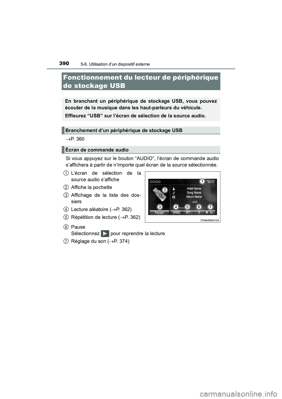 TOYOTA RAV4 HYBRID 2018 Manuel du propriétaire (in French) 390
RAV4-HV_OM_OM42B81D_(D)
5-6. Utilisation d’un dispositif externe
Fonctionnement du lecteur de périphérique
de stockage USB
P. 3 6 0
Si vous appuyez sur le bouton “AUDIO”, l’écran d TOYOTA RAV4 HYBRID 2018 Manuel du propriétaire (in French) 390
RAV4-HV_OM_OM42B81D_(D)
5-6. Utilisation d’un dispositif externe
Fonctionnement du lecteur de périphérique
de stockage USB
P. 3 6 0
Si vous appuyez sur le bouton “AUDIO”, l’écran d