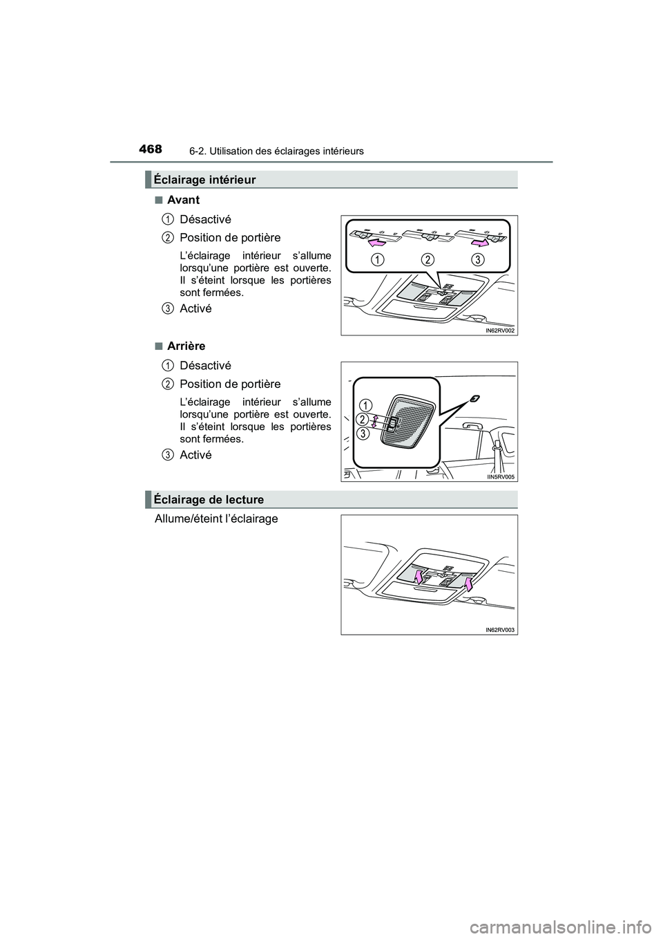 TOYOTA RAV4 HYBRID 2018 Manuel du propriétaire (in French) 468
RAV4-HV_OM_OM42B81D_(D)
6-2. Utilisation des éclairages intérieurs
■AvantDésactivé
Position de portière
L’éclairage intérieur s’allume
lorsqu’une portière est ouverte.
Il s’étei TOYOTA RAV4 HYBRID 2018 Manuel du propriétaire (in French) 468
RAV4-HV_OM_OM42B81D_(D)
6-2. Utilisation des éclairages intérieurs
■AvantDésactivé
Position de portière
L’éclairage intérieur s’allume
lorsqu’une portière est ouverte.
Il s’étei