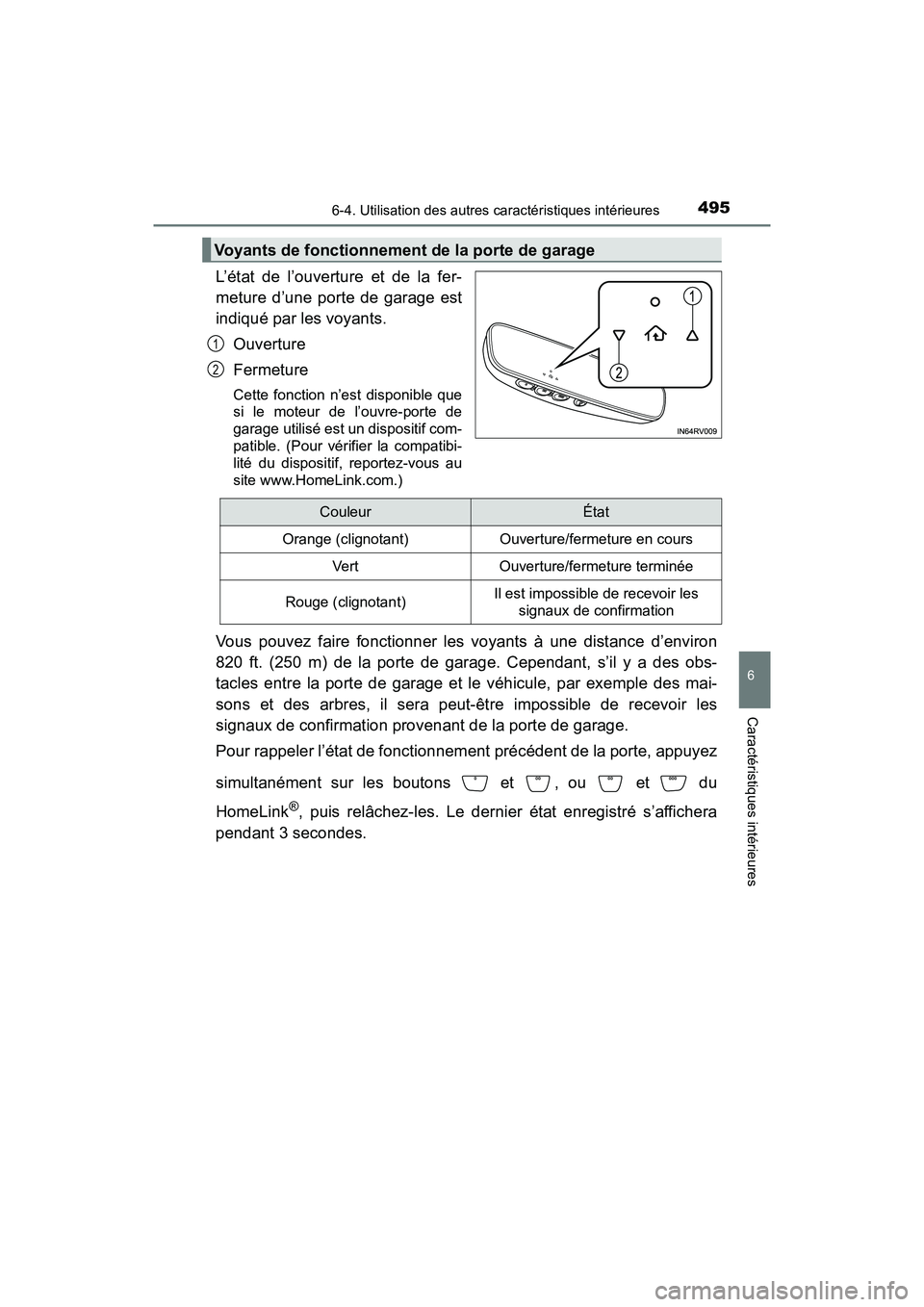 TOYOTA RAV4 HYBRID 2018 Manuel du propriétaire (in French) RAV4-HV_OM_OM42B81D_(D)
4956-4. Utilisation des autres caractéristiques intérieures
6
Caractéristiques intérieures
L’état de l’ouverture et de la fer-
meture d’une porte de garage est
indiq TOYOTA RAV4 HYBRID 2018 Manuel du propriétaire (in French) RAV4-HV_OM_OM42B81D_(D)
4956-4. Utilisation des autres caractéristiques intérieures
6
Caractéristiques intérieures
L’état de l’ouverture et de la fer-
meture d’une porte de garage est
indiq