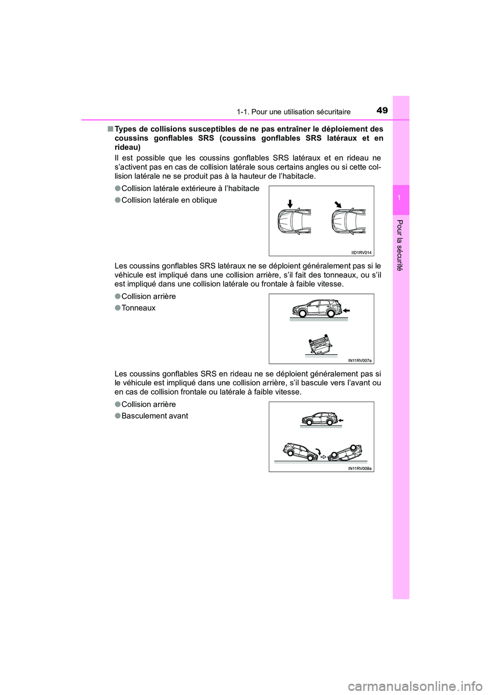 TOYOTA RAV4 HYBRID 2018 Manuel du propriétaire (in French) 491-1. Pour une utilisation sécuritaire
RAV4-HV_OM_OM42B81D_(D)
1
Pour la sécurité
■Types de collisions susceptibles de ne pas entraîner le déploiement des
coussins gonflables SRS (coussins gon TOYOTA RAV4 HYBRID 2018 Manuel du propriétaire (in French) 491-1. Pour une utilisation sécuritaire
RAV4-HV_OM_OM42B81D_(D)
1
Pour la sécurité
■Types de collisions susceptibles de ne pas entraîner le déploiement des
coussins gonflables SRS (coussins gon
