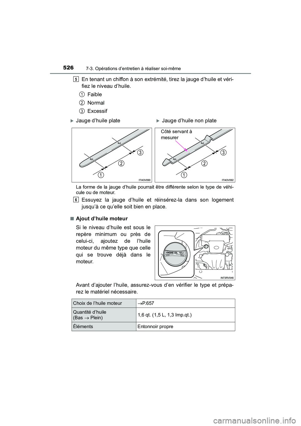 TOYOTA RAV4 HYBRID 2018 Manuel du propriétaire (in French) 526
RAV4-HV_OM_OM42B81D_(D)
7-3. Opérations d’entretien à réaliser soi-même
En tenant un chiffon à son extrémité, tirez la jauge d’huile et véri-
fiez le niveau d’huile.Faible
Normal
Exc TOYOTA RAV4 HYBRID 2018 Manuel du propriétaire (in French) 526
RAV4-HV_OM_OM42B81D_(D)
7-3. Opérations d’entretien à réaliser soi-même
En tenant un chiffon à son extrémité, tirez la jauge d’huile et véri-
fiez le niveau d’huile.Faible
Normal
Exc