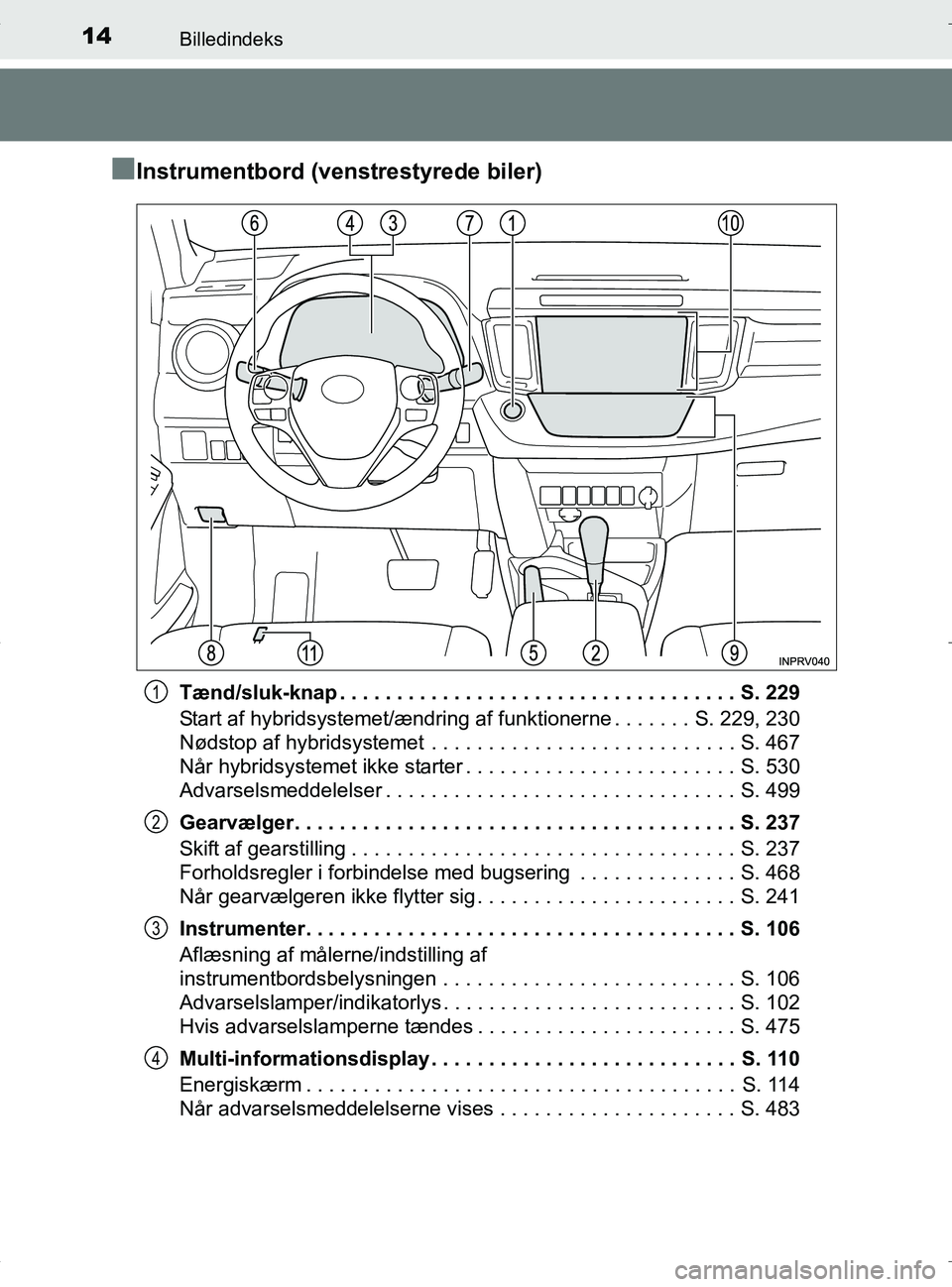 TOYOTA RAV4 HYBRID 2017 Brugsanvisning (in Danish) 14Billedindeks
OM42B04DK
nInstrumentbord (venstrestyrede biler)
Tænd/sluk-knap . . . . . . . . . . . . . . . . . . . . . . . . . . . . . . . . . . . S. 229
Start af hybridsystemet/ændring af funktio TOYOTA RAV4 HYBRID 2017 Brugsanvisning (in Danish) 14Billedindeks
OM42B04DK
nInstrumentbord (venstrestyrede biler)
Tænd/sluk-knap . . . . . . . . . . . . . . . . . . . . . . . . . . . . . . . . . . . S. 229
Start af hybridsystemet/ændring af funktio