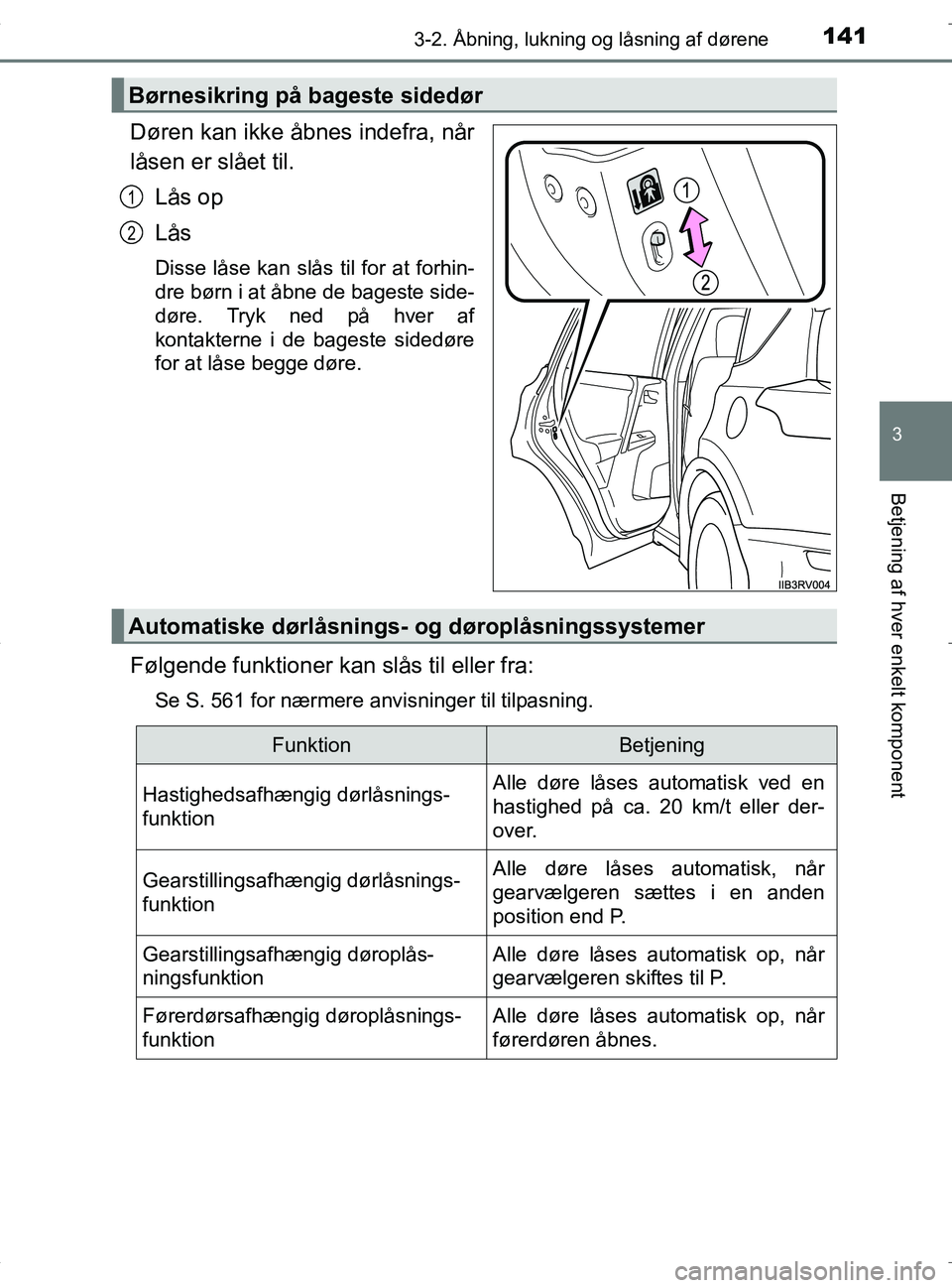 TOYOTA RAV4 HYBRID 2017 Brugsanvisning (in Danish) 1413-2. Åbning, lukning og låsning af dørene
3
Betjening af hver enkelt komponent
OM42B04DK
Døren kan ikke åbnes indefra, når
låsen er slået til.Lås op
Lås
Disse låse kan slås til for at f TOYOTA RAV4 HYBRID 2017 Brugsanvisning (in Danish) 1413-2. Åbning, lukning og låsning af dørene
3
Betjening af hver enkelt komponent
OM42B04DK
Døren kan ikke åbnes indefra, når
låsen er slået til.Lås op
Lås
Disse låse kan slås til for at f