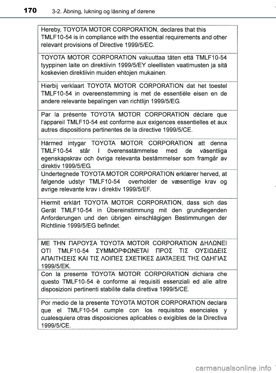 TOYOTA RAV4 HYBRID 2017 Brugsanvisning (in Danish) 1703-2. Åbning, lukning og låsning af dørene
OM42B04DK
OM42B04DK.book Page 170 Wednesday, September 21, 2016 9:33 AM TOYOTA RAV4 HYBRID 2017 Brugsanvisning (in Danish) 1703-2. Åbning, lukning og låsning af dørene
OM42B04DK
OM42B04DK.book Page 170 Wednesday, September 21, 2016 9:33 AM