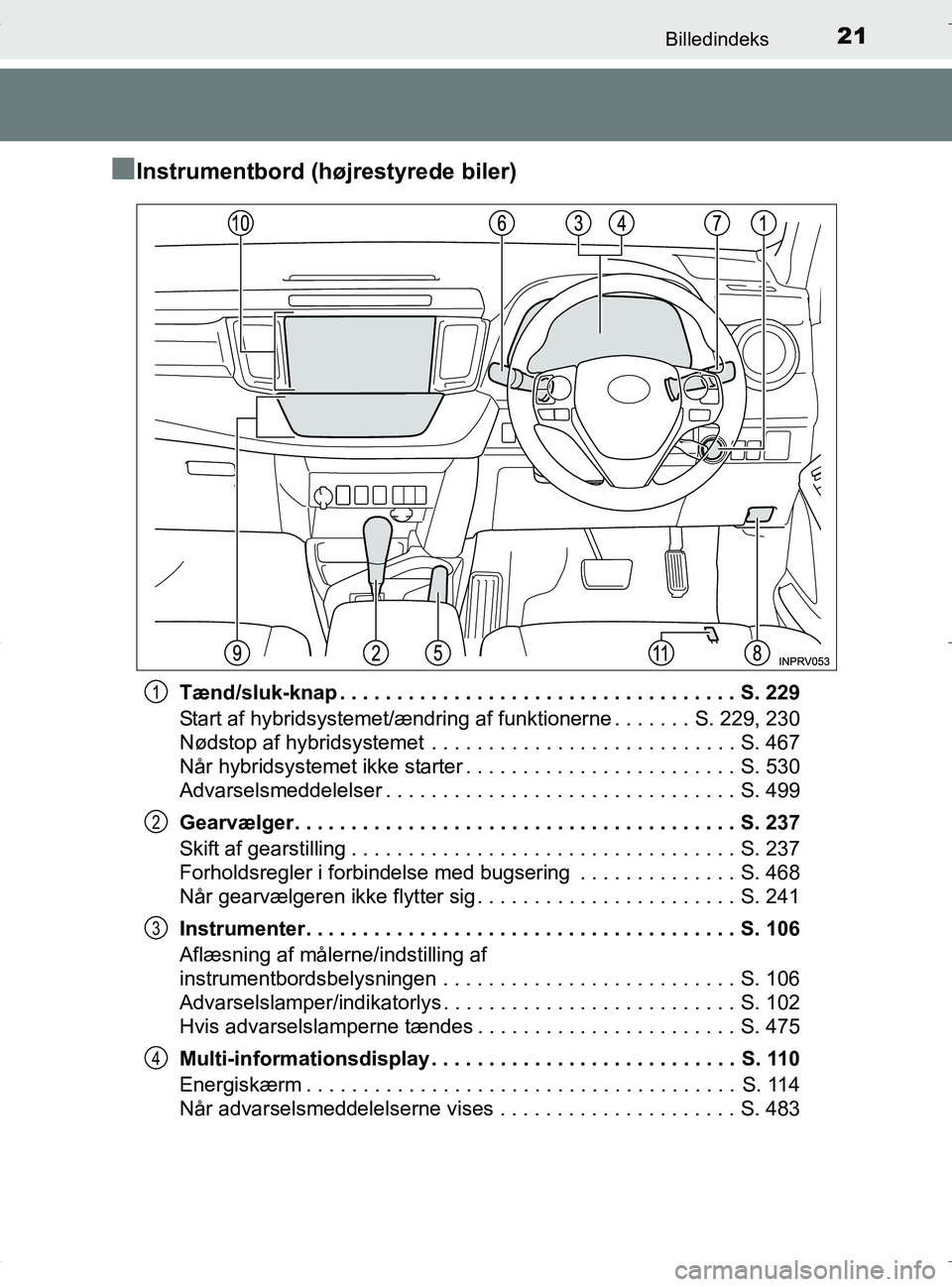 TOYOTA RAV4 HYBRID 2017 Brugsanvisning (in Danish) 21Billedindeks
OM42B04DK
nInstrumentbord (højrestyrede biler)
Tænd/sluk-knap . . . . . . . . . . . . . . . . . . . . . . . . . . . . . . . . . . . S. 229
Start af hybridsystemet/ændring af funktion TOYOTA RAV4 HYBRID 2017 Brugsanvisning (in Danish) 21Billedindeks
OM42B04DK
nInstrumentbord (højrestyrede biler)
Tænd/sluk-knap . . . . . . . . . . . . . . . . . . . . . . . . . . . . . . . . . . . S. 229
Start af hybridsystemet/ændring af funktion