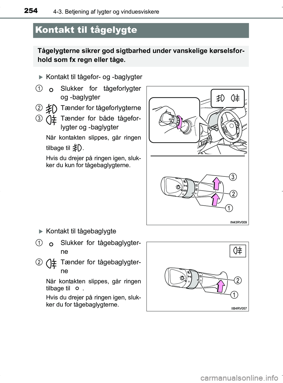 TOYOTA RAV4 HYBRID 2017 Brugsanvisning (in Danish) 2544-3. Betjening af lygter og vinduesviskere
OM42B04DK
Kontakt til tågelygte
Kontakt til tågefor- og -baglygterSlukker for tågeforlygter
og -baglygter
Tænder for tågeforlygterne
Tænder for b TOYOTA RAV4 HYBRID 2017 Brugsanvisning (in Danish) 2544-3. Betjening af lygter og vinduesviskere
OM42B04DK
Kontakt til tågelygte
Kontakt til tågefor- og -baglygterSlukker for tågeforlygter
og -baglygter
Tænder for tågeforlygterne
Tænder for b