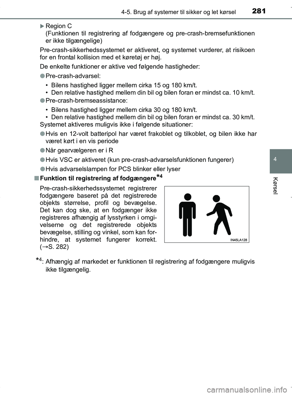 TOYOTA RAV4 HYBRID 2017 Brugsanvisning (in Danish) 2814-5. Brug af systemer til sikker og let kørsel
4
Kørsel
OM42B04DK
Region C
(Funktionen til registrering af fodgæ ngere og pre-crash-bremsefunktionen
er ikke tilgængelige)
Pre-crash-sikkerhed TOYOTA RAV4 HYBRID 2017 Brugsanvisning (in Danish) 2814-5. Brug af systemer til sikker og let kørsel
4
Kørsel
OM42B04DK
Region C
(Funktionen til registrering af fodgæ ngere og pre-crash-bremsefunktionen
er ikke tilgængelige)
Pre-crash-sikkerhed