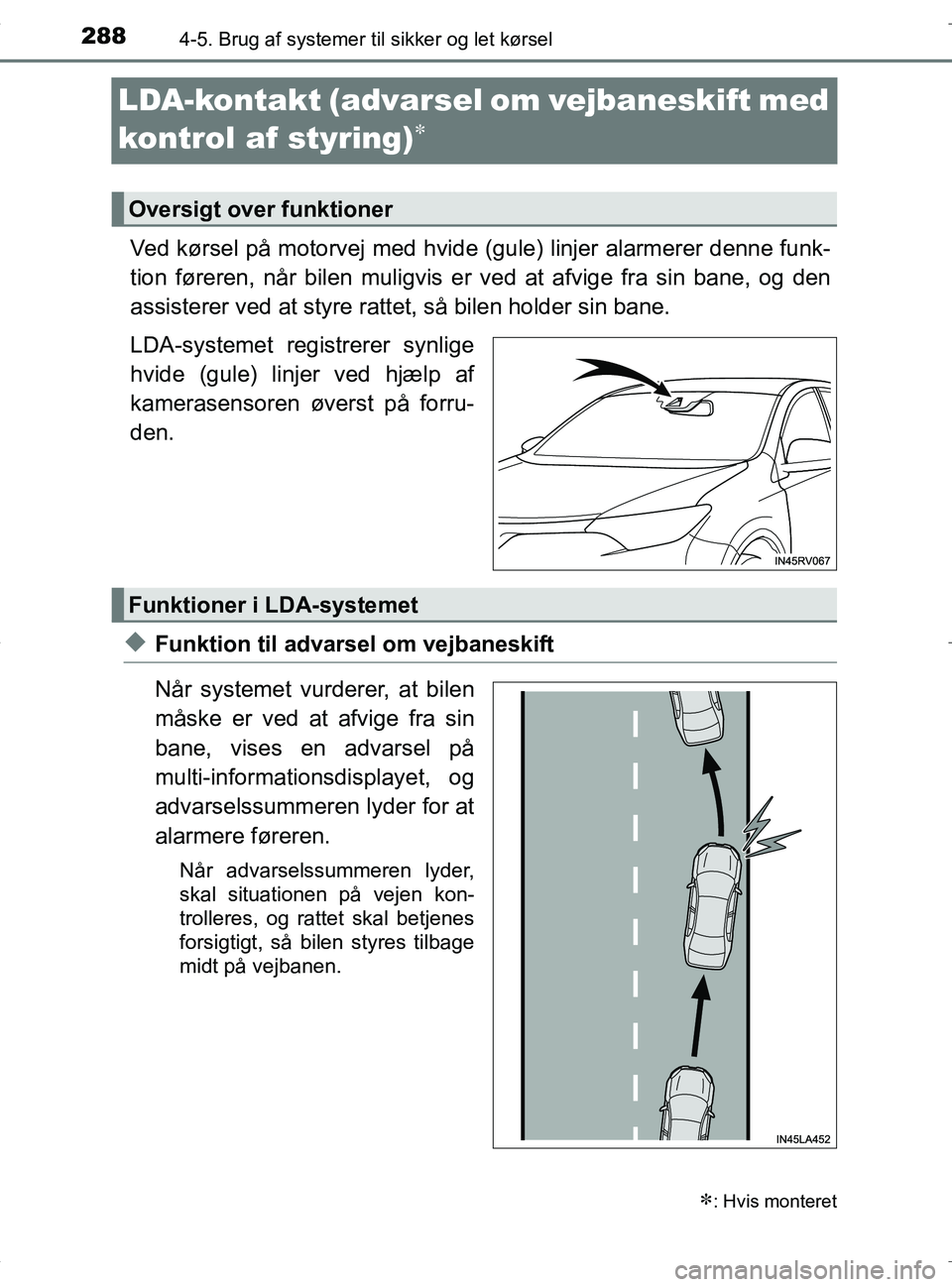 TOYOTA RAV4 HYBRID 2017  Brugsanvisning (in Danish) 2884-5. Brug af systemer til sikker og let kørsel
OM42B04DK
LDA-kontakt (advarsel om vejbaneskift med 
kontrol af styring)

Ved kørsel på motorvej med hvide (gule) linjer alarmerer denne funk-
t