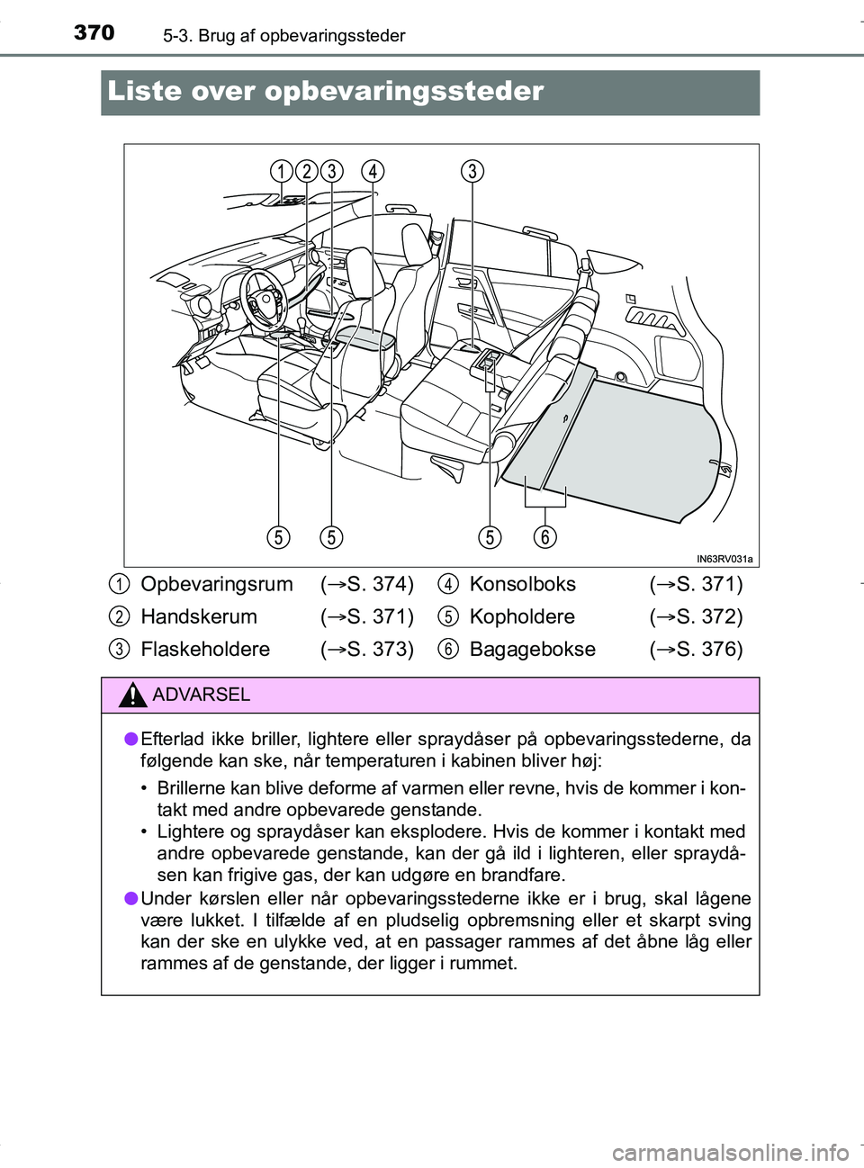 TOYOTA RAV4 HYBRID 2017 Brugsanvisning (in Danish) 3705-3. Brug af opbevaringssteder
OM42B04DK
Liste over opbevaringssteder
Opbevaringsrum (S. 374)
Handskerum ( S. 371)
Flaskeholdere ( S. 373) Konsolboks (
S. 371)
Kopholdere ( S. 372) TOYOTA RAV4 HYBRID 2017 Brugsanvisning (in Danish) 3705-3. Brug af opbevaringssteder
OM42B04DK
Liste over opbevaringssteder
Opbevaringsrum (S. 374)
Handskerum ( S. 371)
Flaskeholdere ( S. 373) Konsolboks (
S. 371)
Kopholdere ( S. 372)