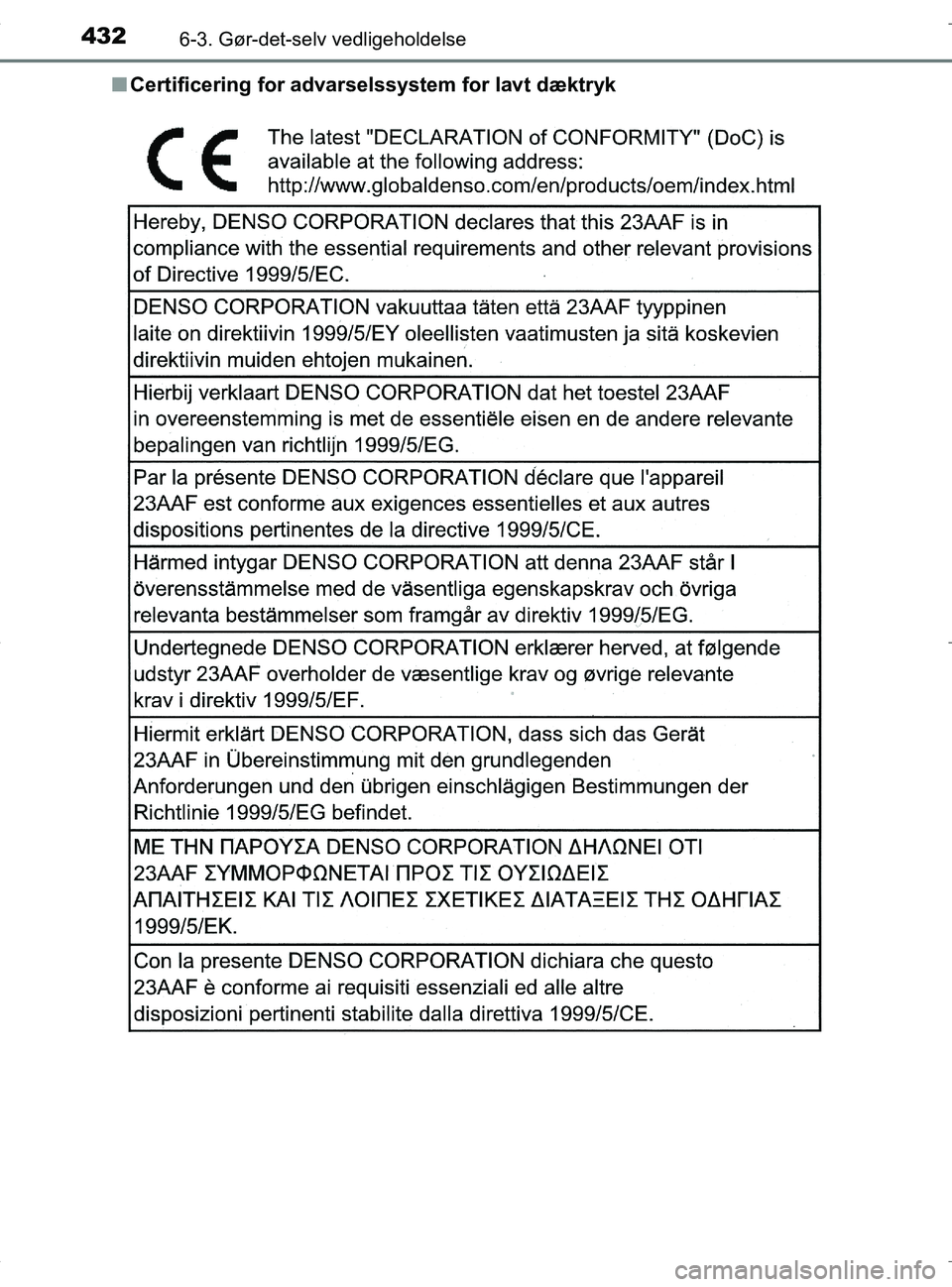 TOYOTA RAV4 HYBRID 2017  Brugsanvisning (in Danish) 4326-3. Gør-det-selv vedligeholdelse
OM42B04DKn
Certificering for advarsel ssystem for lavt dæktryk
OM42B04DK.book  Page 432  Wedne sday, September 21, 2016  9:33 AM 