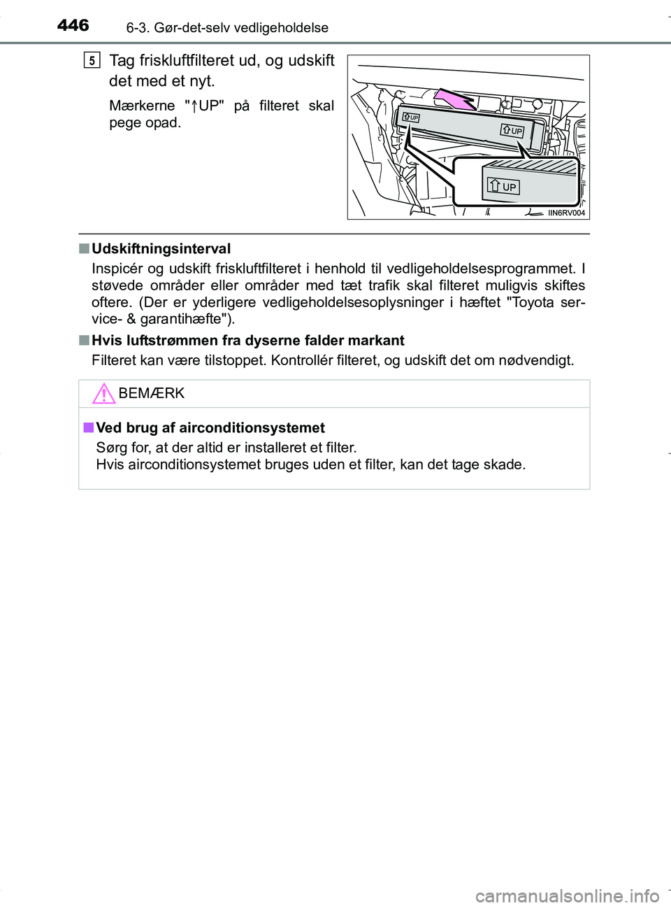 TOYOTA RAV4 HYBRID 2017  Brugsanvisning (in Danish) 4466-3. Gør-det-selv vedligeholdelse
OM42B04DK
Tag friskluftfilteret ud, og udskift
det med et nyt.
Mærkerne "UP" på filteret skal
pege opad.
n Udskiftningsinterval
Inspicér og udskift friskluf