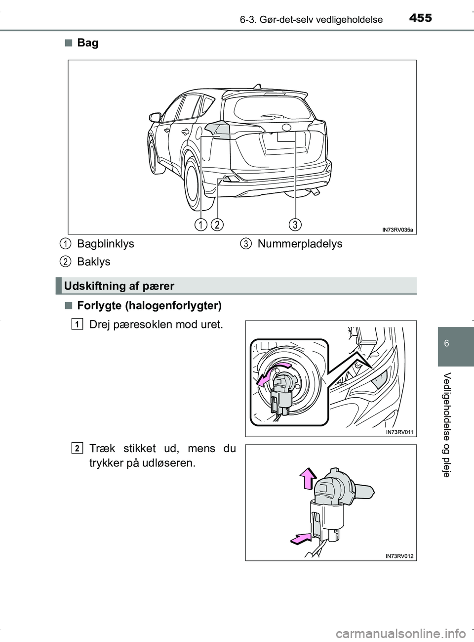 TOYOTA RAV4 HYBRID 2017  Brugsanvisning (in Danish) 4556-3. Gør-det-selv vedligeholdelse
OM42B04DK
6
Vedligeholdelse og pleje
nBag
nForlygte (halogenforlygter)Drej pæresoklen mod uret.
Træk stikket ud, mens du
trykker på udløseren.
Bagblinklys
Bak