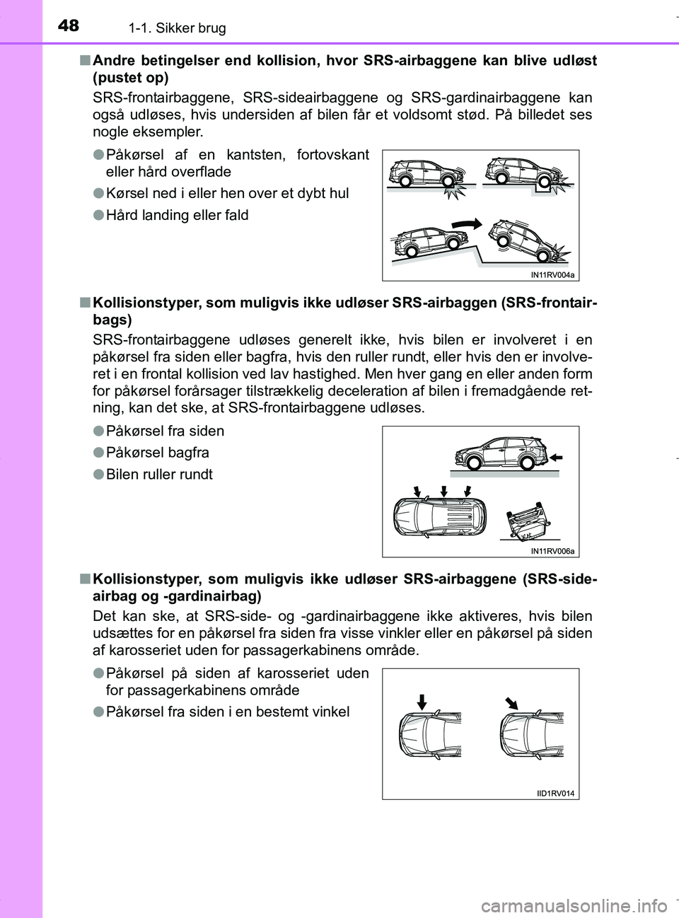 TOYOTA RAV4 HYBRID 2017  Brugsanvisning (in Danish) 481-1. Sikker brug
OM42B04DKn
Andre betingelser end kollision, hv or SRS-airbaggene kan blive udløst
(pustet op)
SRS-frontairbaggene, SRS-sideair baggene og SRS-gardinairbaggene kan
også udløses, h