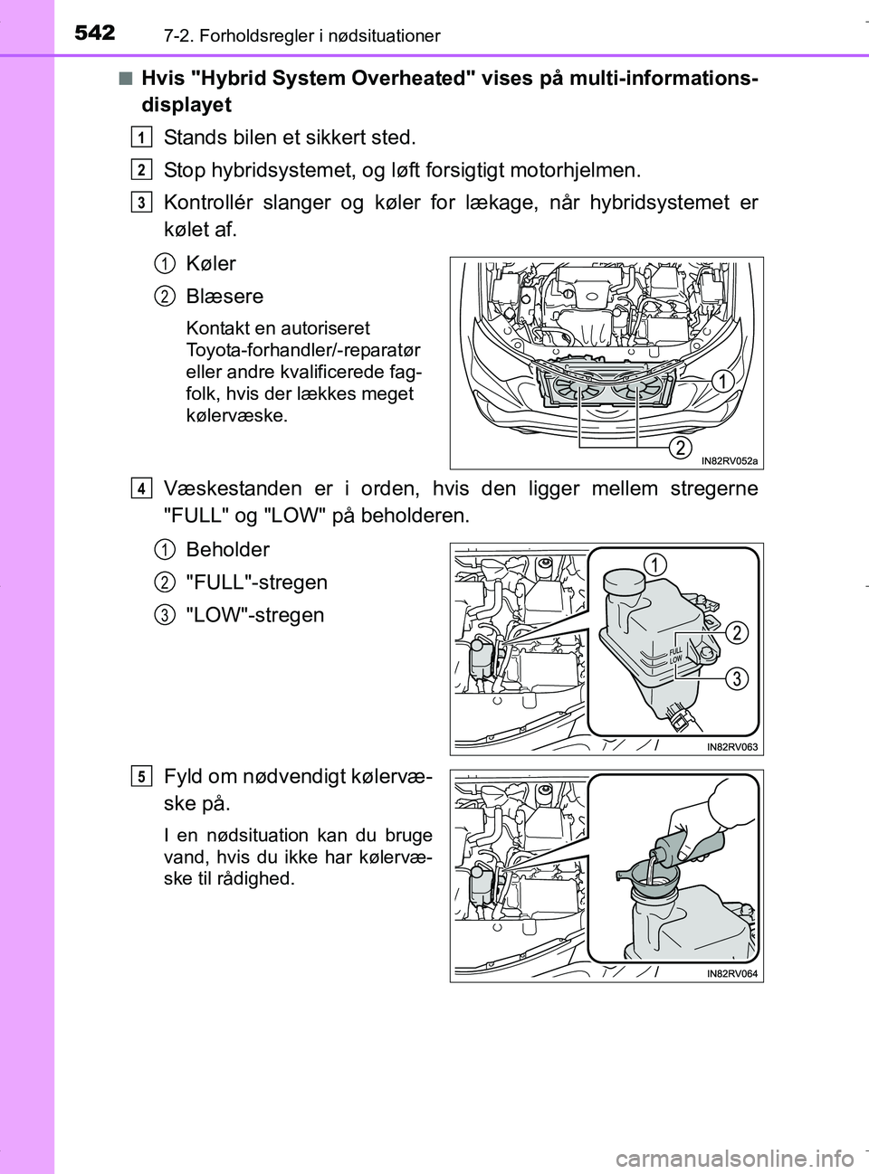 TOYOTA RAV4 HYBRID 2017 Brugsanvisning (in Danish) 5427-2. Forholdsregler i nødsituationer
OM42B04DKn
Hvis "Hybrid System Overheated
" vises på multi-informations-
displayet
Stands bilen et sikkert sted.
Stop hybridsystemet, og lø ft forsigtigt mot TOYOTA RAV4 HYBRID 2017 Brugsanvisning (in Danish) 5427-2. Forholdsregler i nødsituationer
OM42B04DKn
Hvis "Hybrid System Overheated
" vises på multi-informations-
displayet
Stands bilen et sikkert sted.
Stop hybridsystemet, og lø ft forsigtigt mot