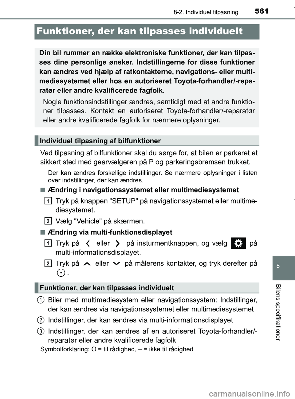 TOYOTA RAV4 HYBRID 2017 Brugsanvisning (in Danish) 5618-2. Individuel tilpasning
OM42B04DK
8
Bilens specifikationer
Funktioner, der kan tilpasses individuelt
Ved tilpasning af bilfunktioner skal du sørge for, at bilen er parkeret et
sikkert sted med TOYOTA RAV4 HYBRID 2017 Brugsanvisning (in Danish) 5618-2. Individuel tilpasning
OM42B04DK
8
Bilens specifikationer
Funktioner, der kan tilpasses individuelt
Ved tilpasning af bilfunktioner skal du sørge for, at bilen er parkeret et
sikkert sted med