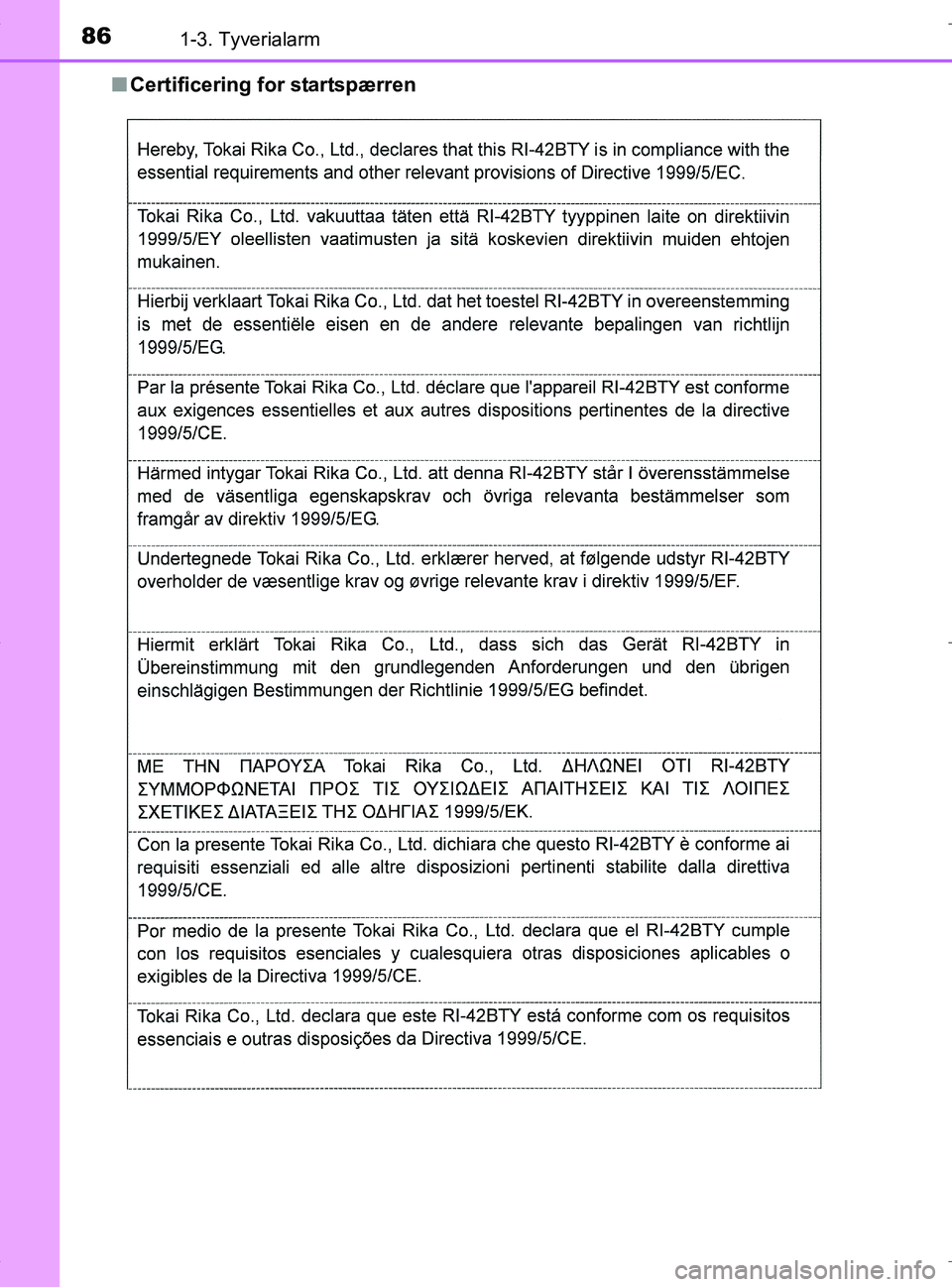 TOYOTA RAV4 HYBRID 2017  Brugsanvisning (in Danish) 861-3. Tyverialarm
OM42B04DKn
Certificering for startspærren
OM42B04DK.book  Page 86  Wedne sday, September 21, 2016  9:33 AM 
