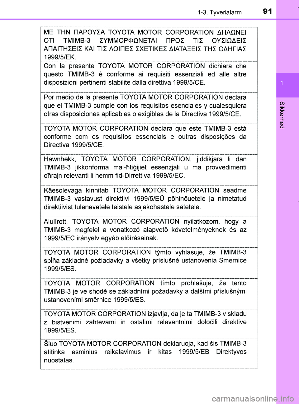 TOYOTA RAV4 HYBRID 2017  Brugsanvisning (in Danish) 911-3. Tyverialarm
1
OM42B04DK
Sikkerhed
OM42B04DK.book  Page 91  Wednesday, September 21, 2016  9:33 AM 