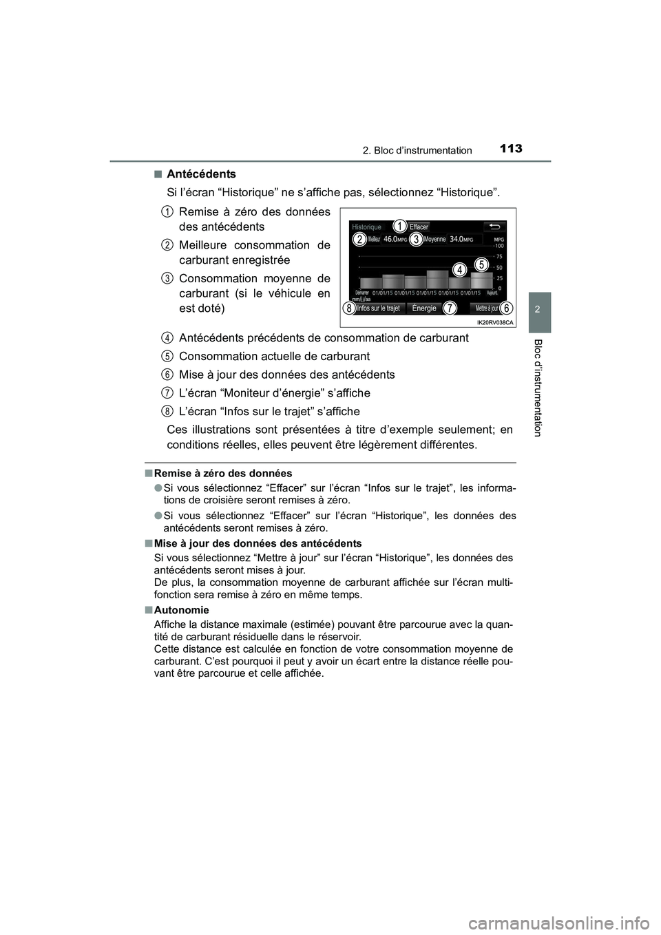 TOYOTA RAV4 HYBRID 2017  Manuel du propriétaire (in French) RAV4-HV_OM_OM42B03D_(D)
1132. Bloc d’instrumentation
2
Bloc d’instrumentation
■Antécédents
Si l’écran “Historique” ne s’affiche pas, sélectionnez “Historique”.Remise à zéro des