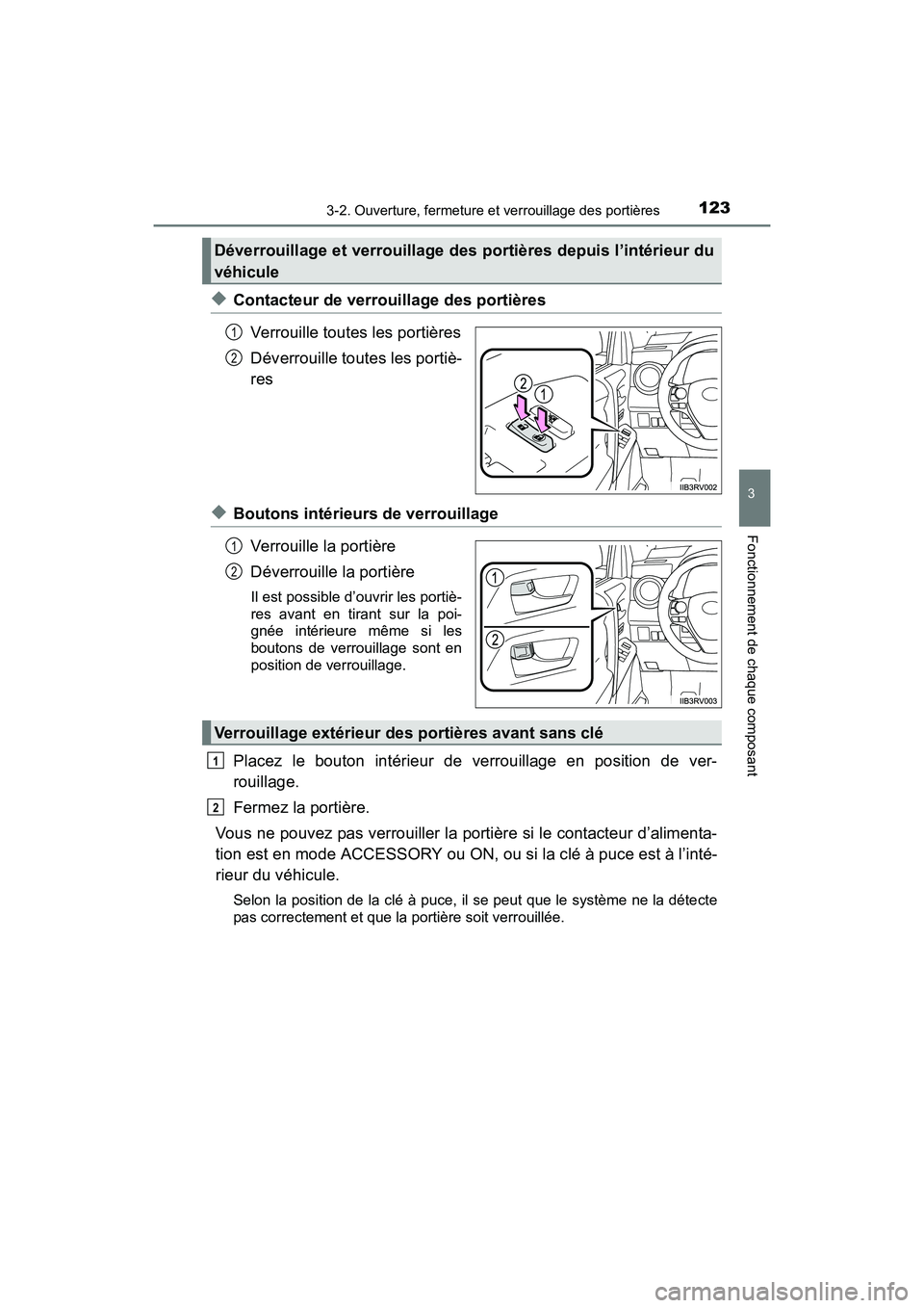 TOYOTA RAV4 HYBRID 2017  Manuel du propriétaire (in French) RAV4-HV_OM_OM42B03D_(D)
1233-2. Ouverture, fermeture et verrouillage des portières
3
Fonctionnement de chaque composant
◆Contacteur de verrouillage des portièresVerrouille toutes les portières
D
